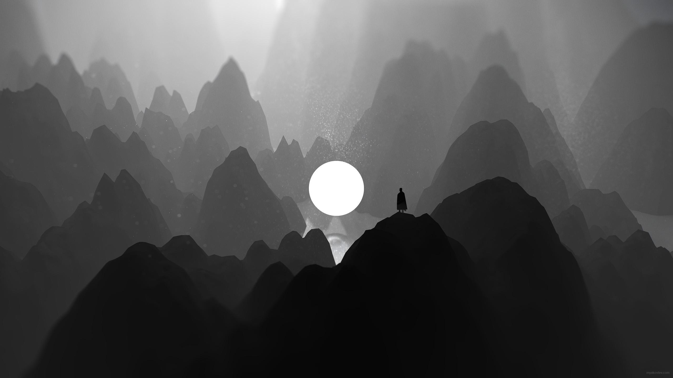 Black And White Moon Man Standing On Mountain Artwork 1440P Resolution HD 4k Wallpaper, Image, Background, Photo and Picture