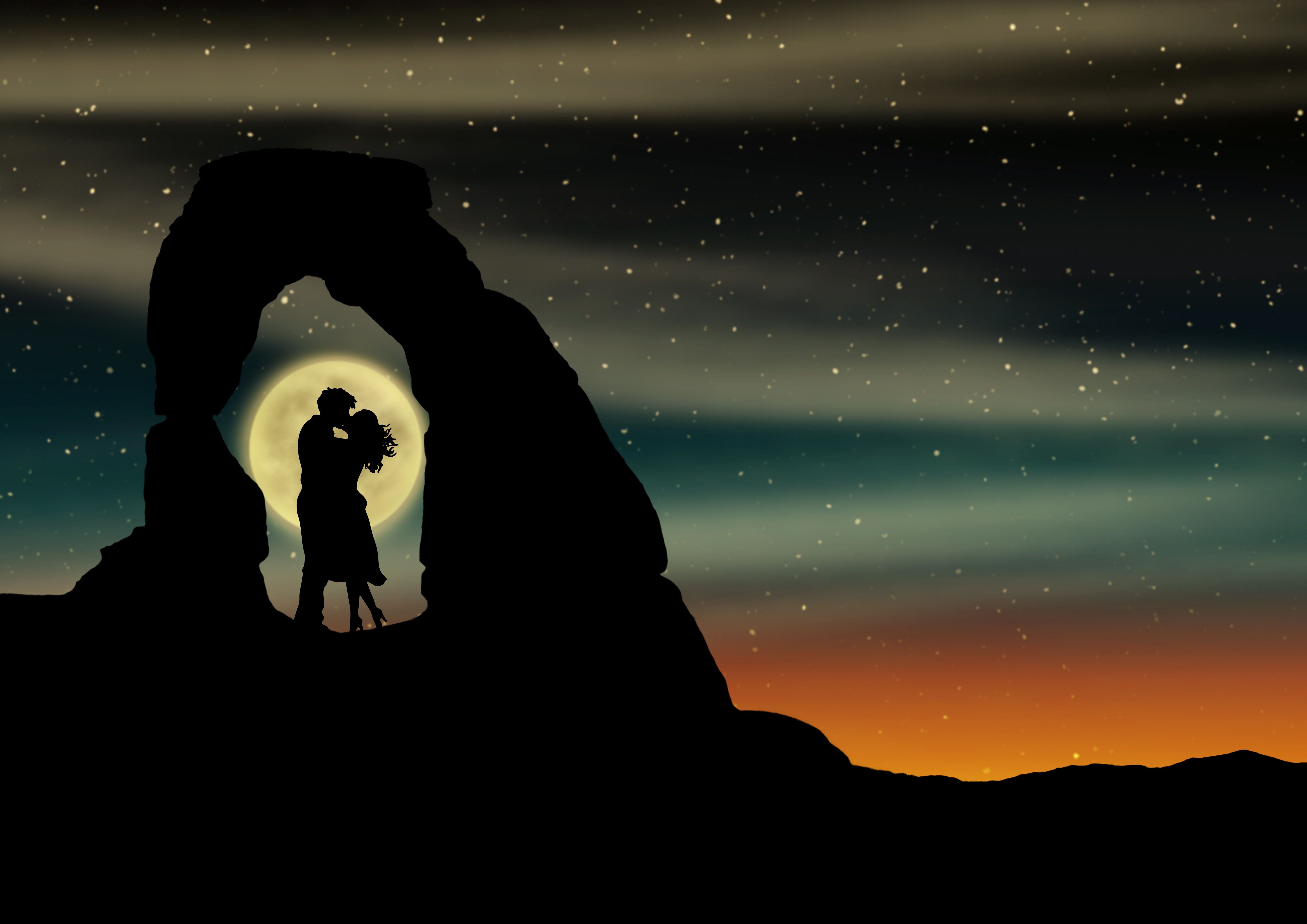 Couple 4K Wallpaper, Lovers, Romantic, Silhouette, Moon, Kissing couple, 5K, Love