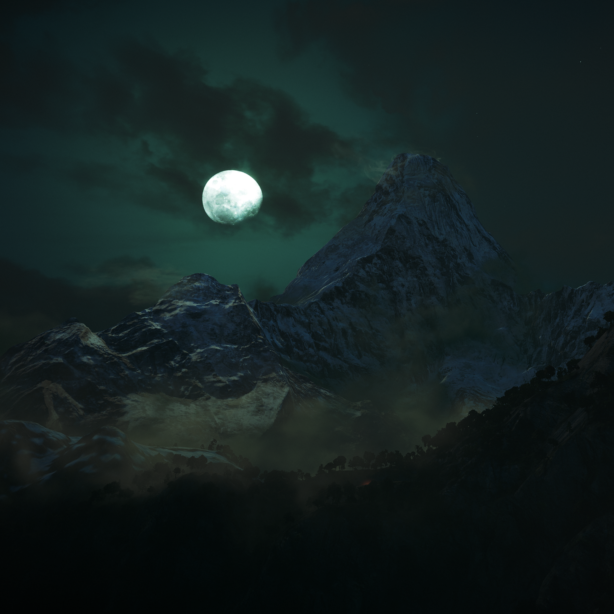 Moon 4K Wallpaper, Mountains, Night, Dark, Forest, Nature