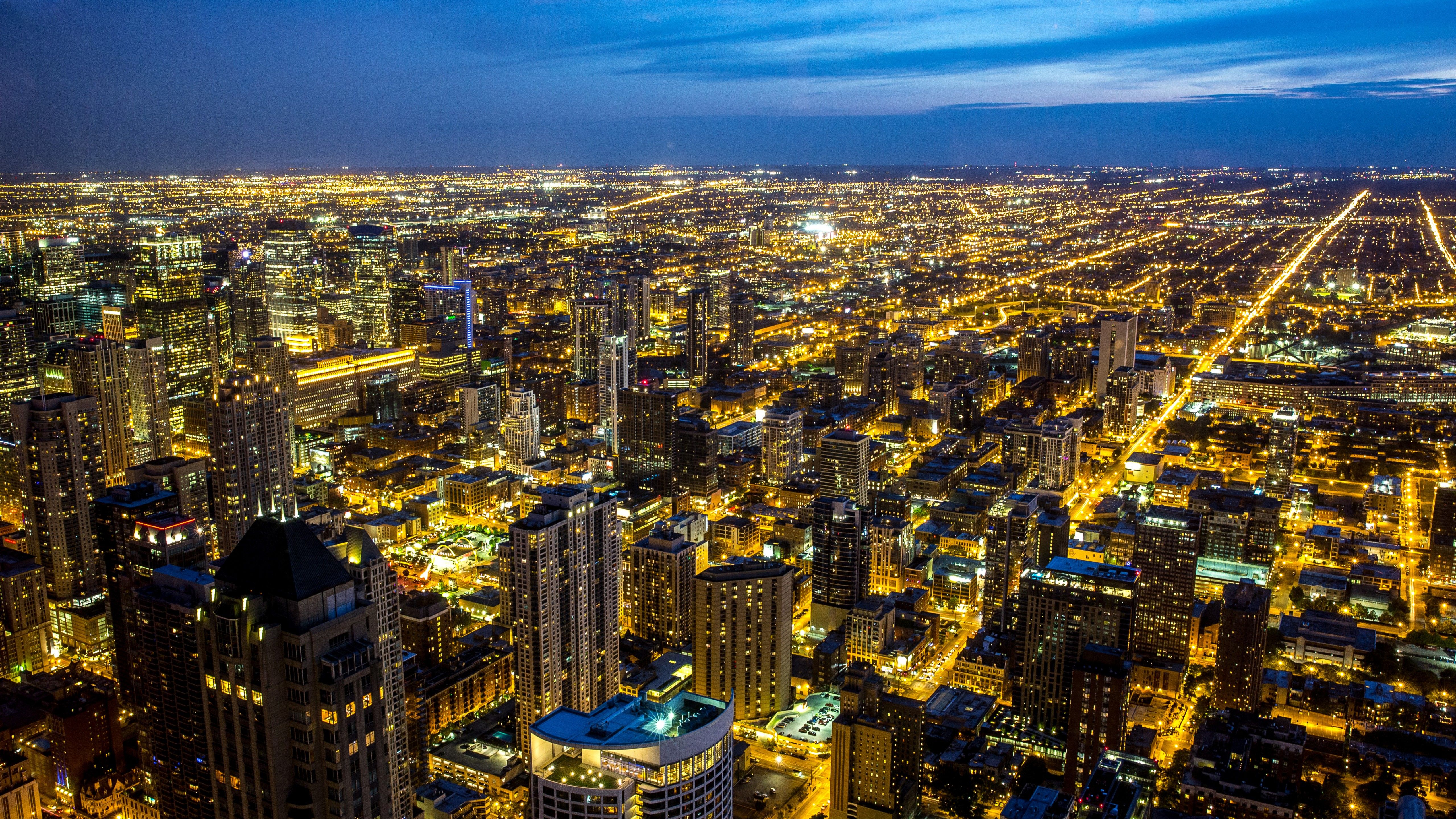 Chicago 4K Wallpaper, Illinois, City Skyline, Night, Cityscape, Blue Sky, Night lights, Photography