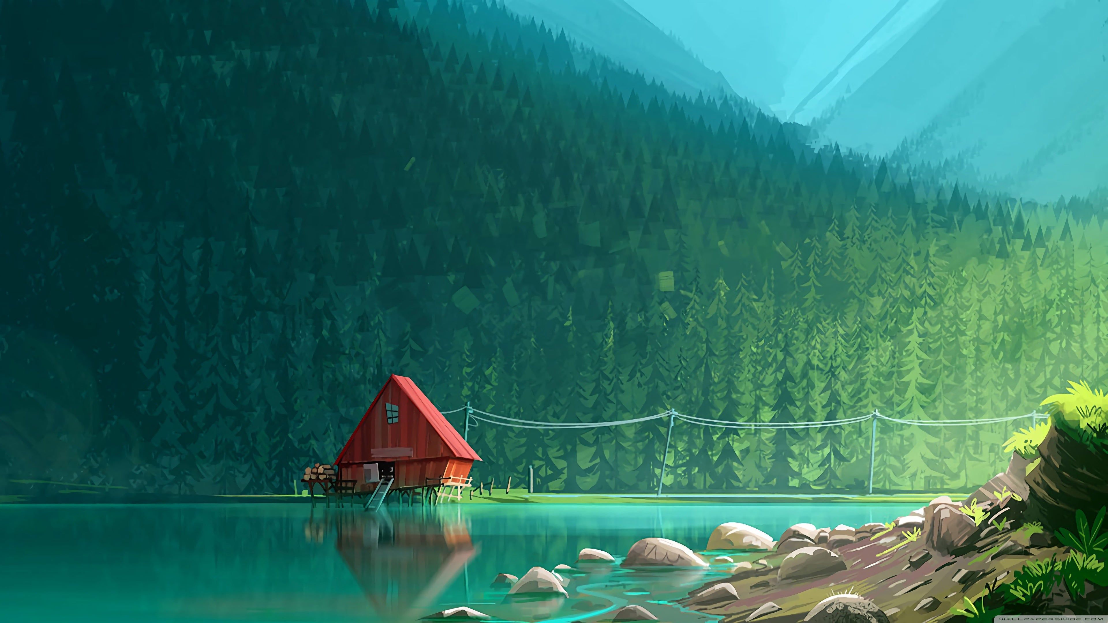 House by the Lake Drawing 4K wallpaper