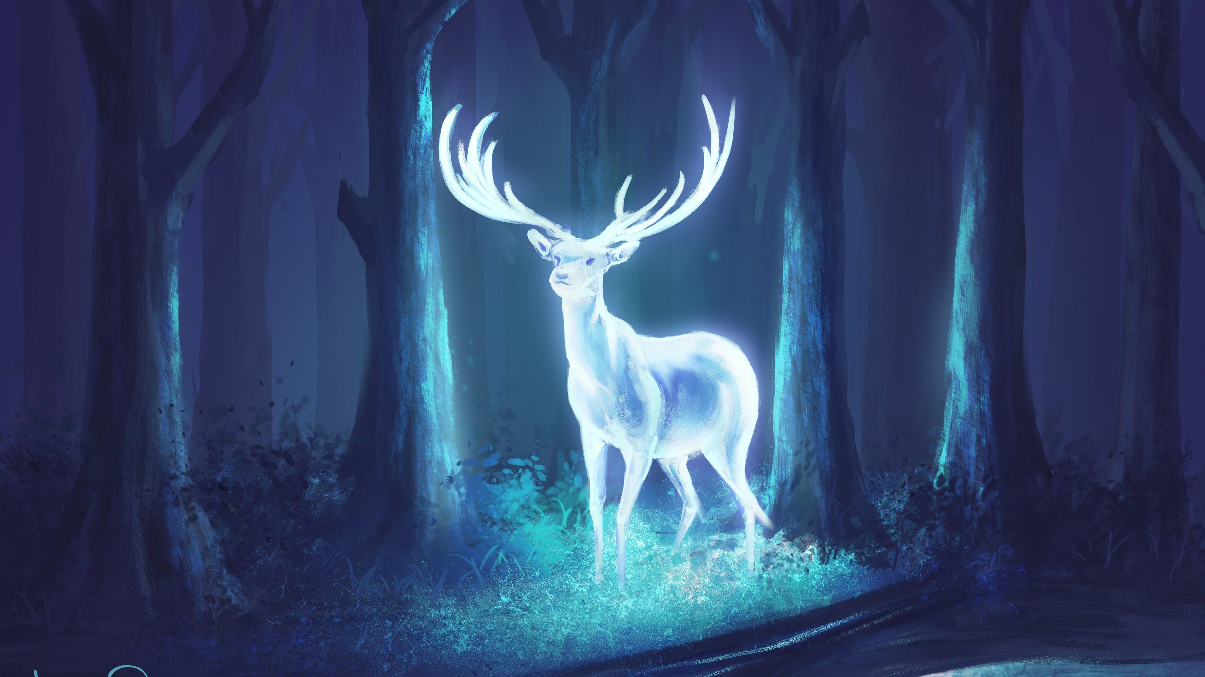 Wallpaper Bright deer in the forest, art drawing 3840x2160 UHD 4K Picture, Image