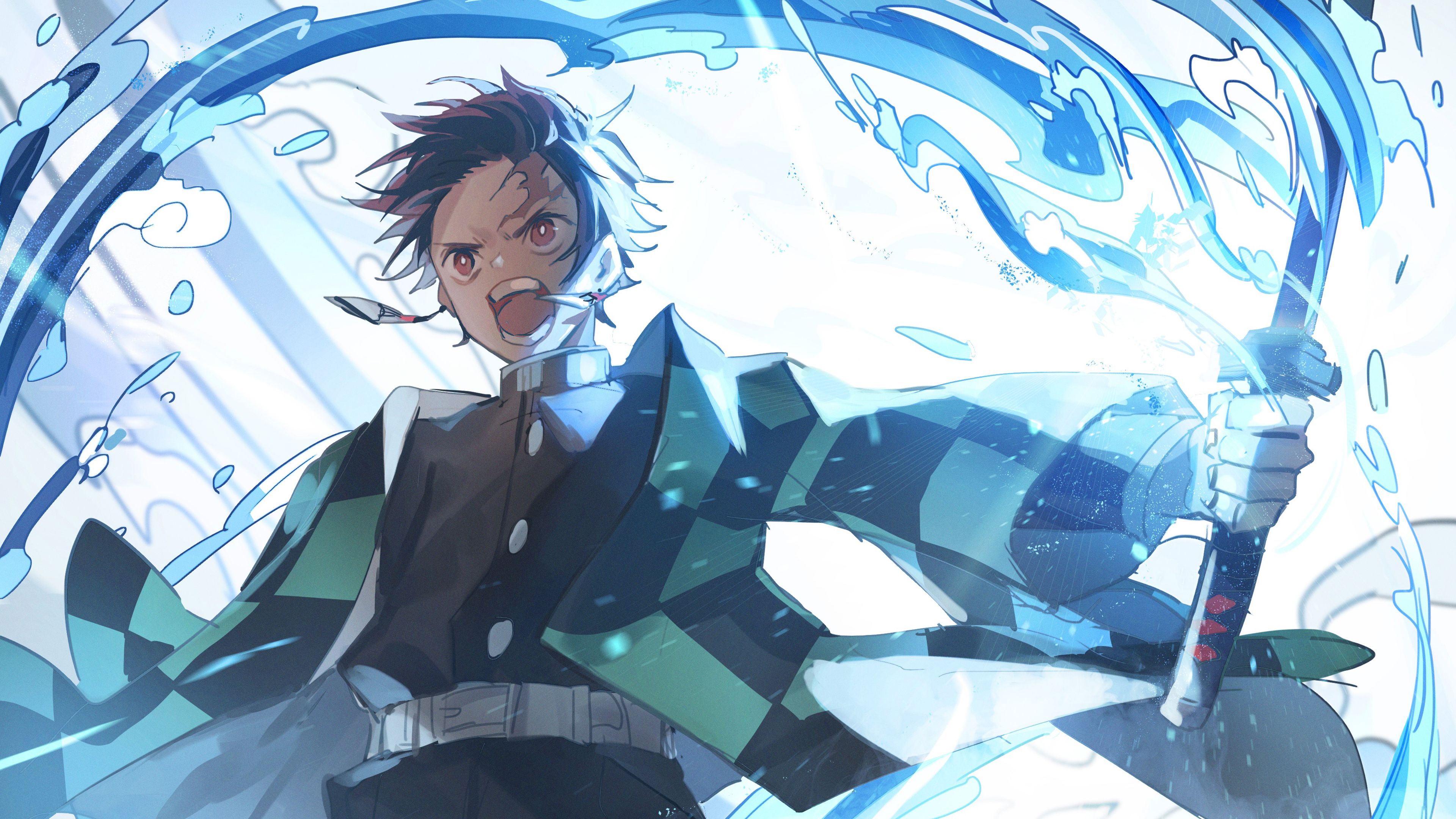 Demon Slayer Tanjirou Kamado Angry With Weapon With Background Of Blue And White Abstract 4K HD Anime Wallpaper</a> Wallpaper