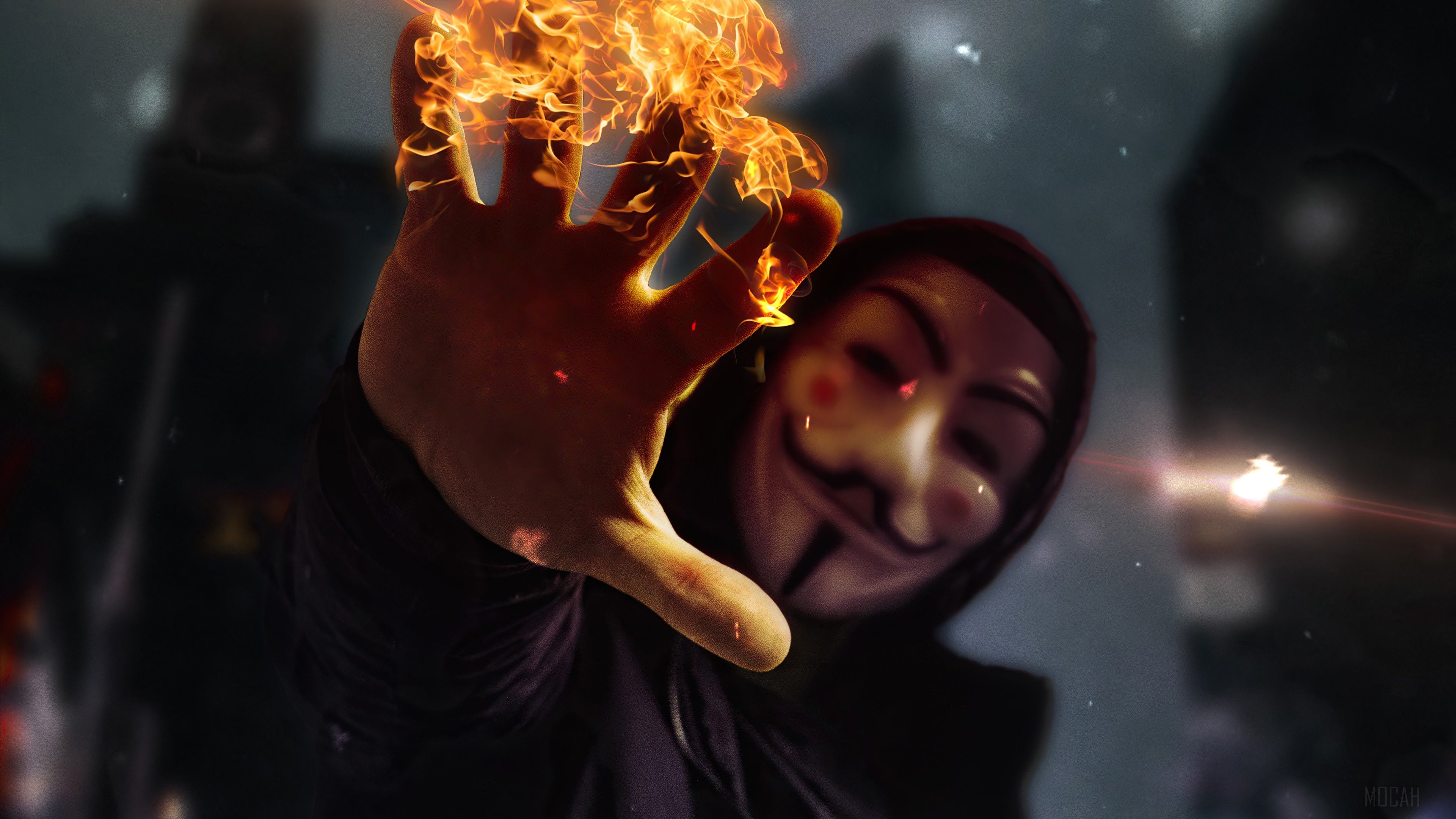 Anonymous, Mask, Burning, Hand 4k wallpaper. Mocah HD Wallpaper