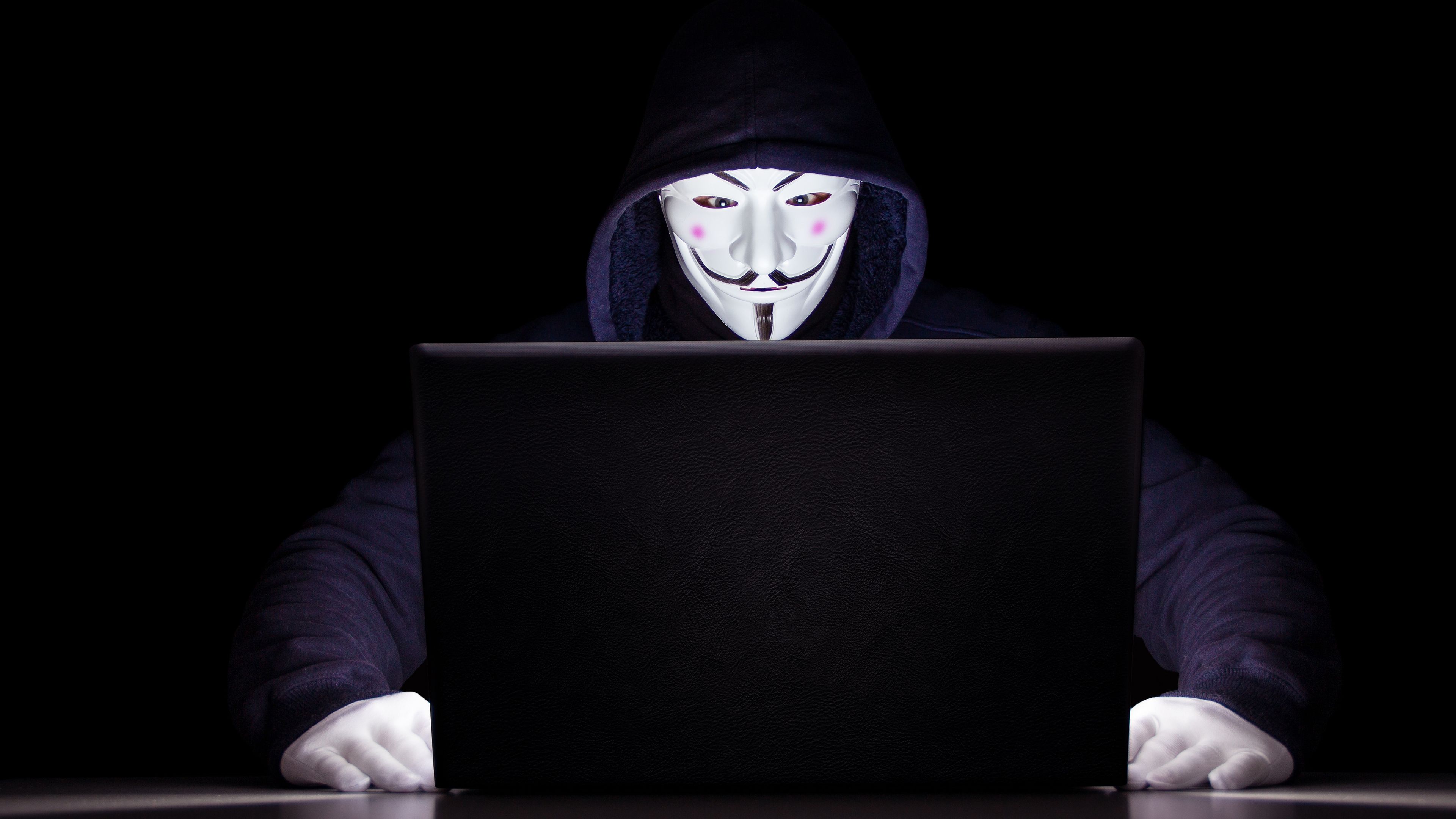 Anonymous, Hacker, Laptop, Black background, 4k Free deskk wallpaper, Ultra HD
