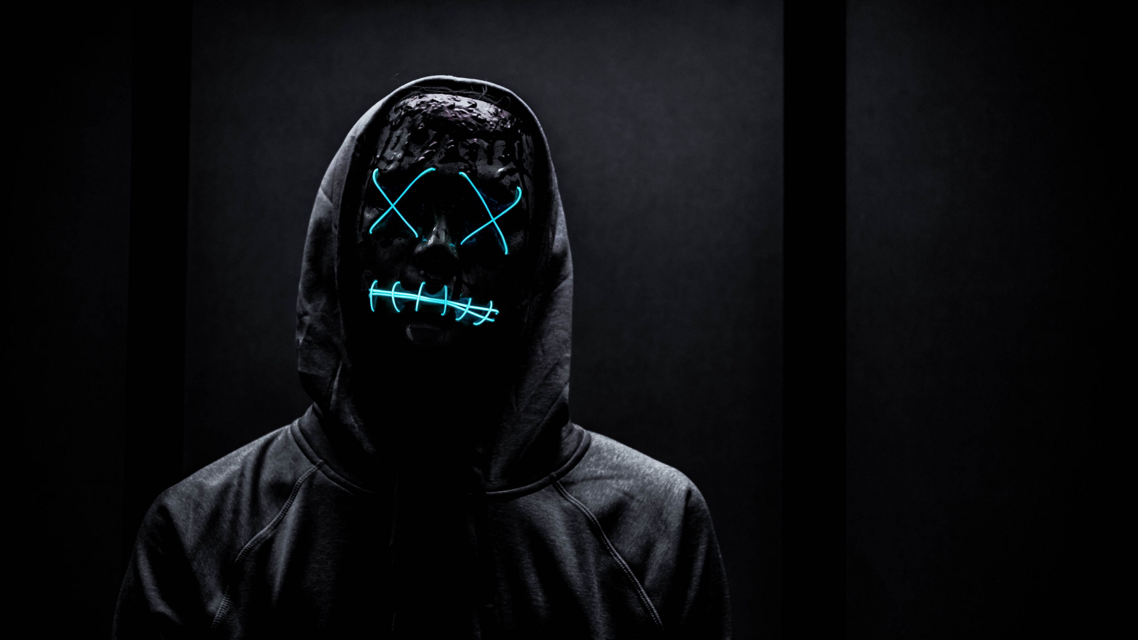 Download wallpaper 3840x2160 mask, neon, anonymous, black 4k uhd 16:9 HD background