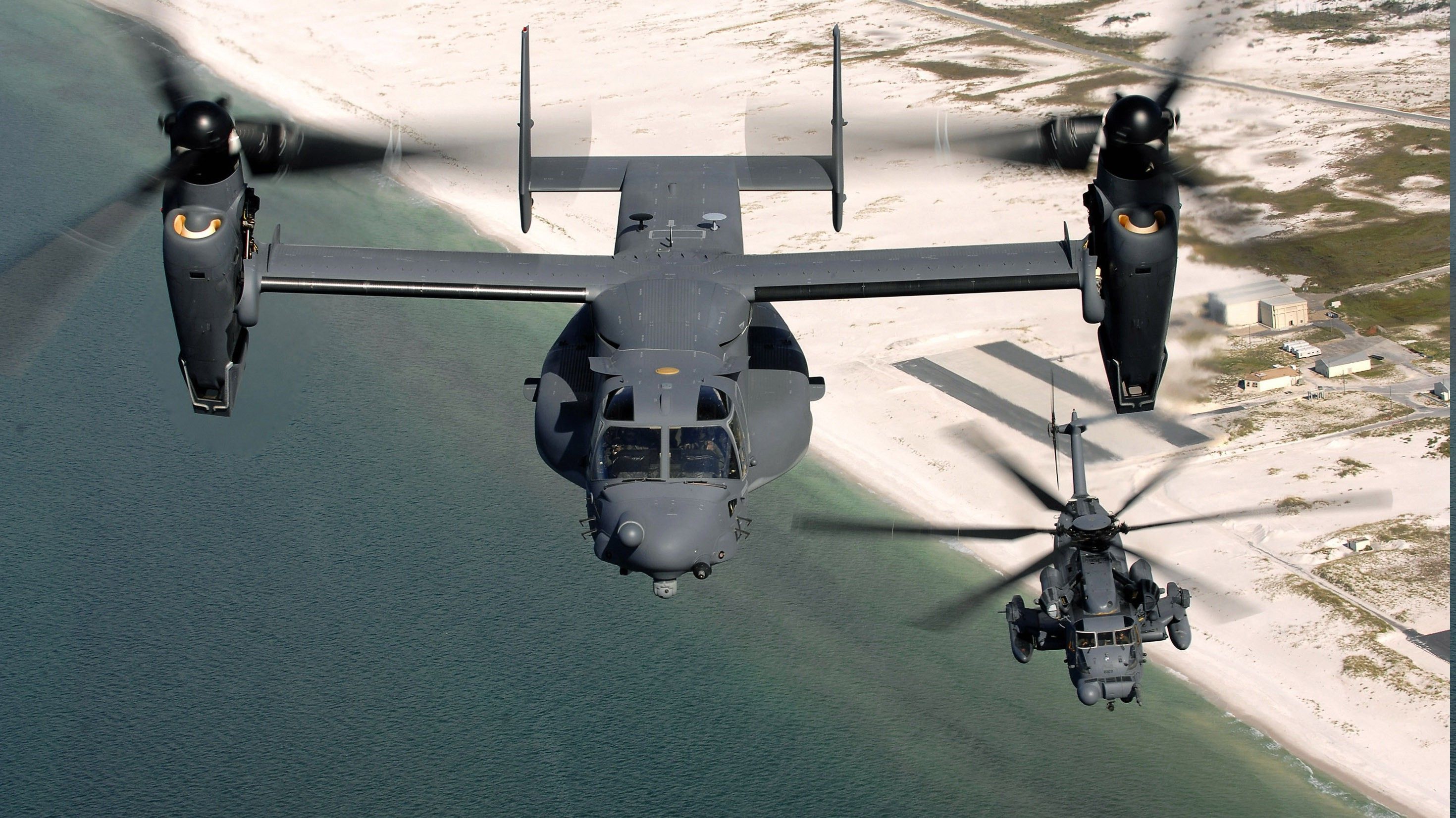 Wallpaper, airplane, military aircraft, air force, CV 22 Osprey, MH 53 Pave Low, aviation, aerospace engineering, helicopter rotor, rotorcraft, military helicopter, bell boeing v 22 osprey, tiltrotor, 2940x1653 px 2940x1653