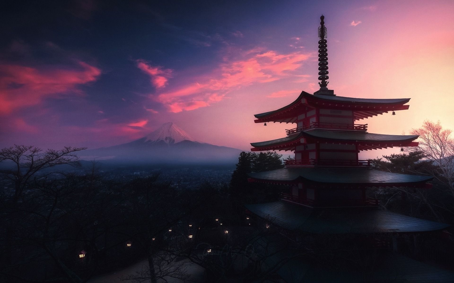 Mount Fuji, Evening, Sunset, Pagoda, Japanese Temple