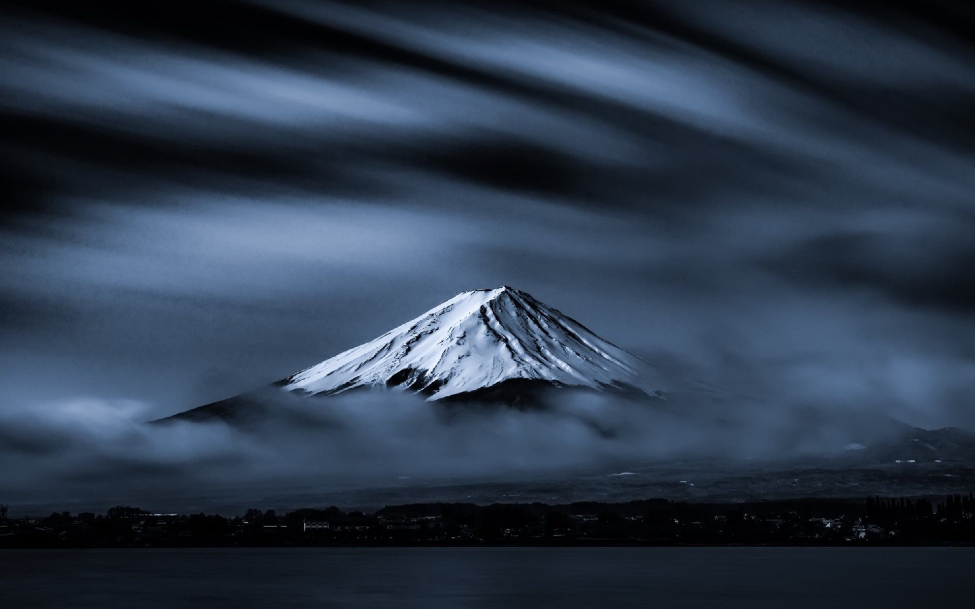 Download wallpaper Fujiyama, lake, thick clouds, Mount Fuji, shining, stratovolcano, Japan for desktop with resolution 1920x1200. High Quality HD picture wallpaper