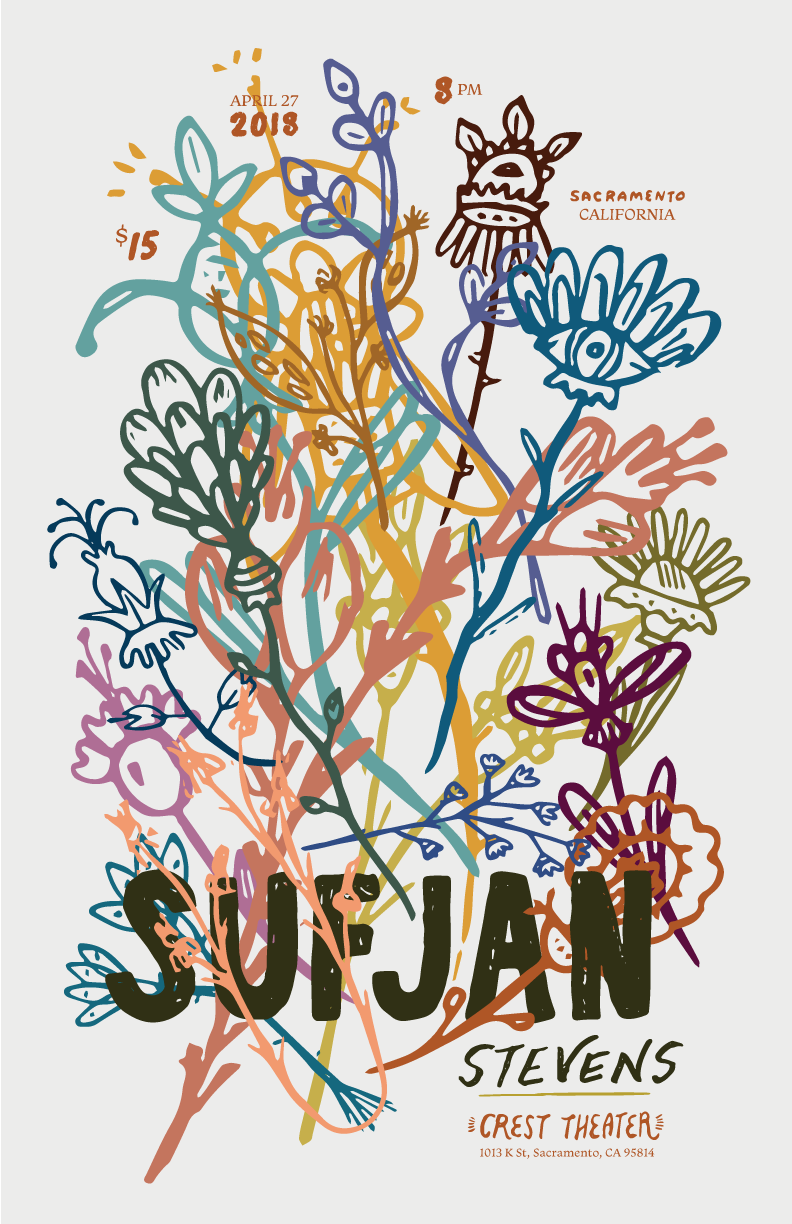 Gig Poster for Sufjan Stevens by Angelina Sorokin #illustrstion #garden #floral #gigposter #sufjan Stevens #hand. Film poster design, Book cover art, Retro poster