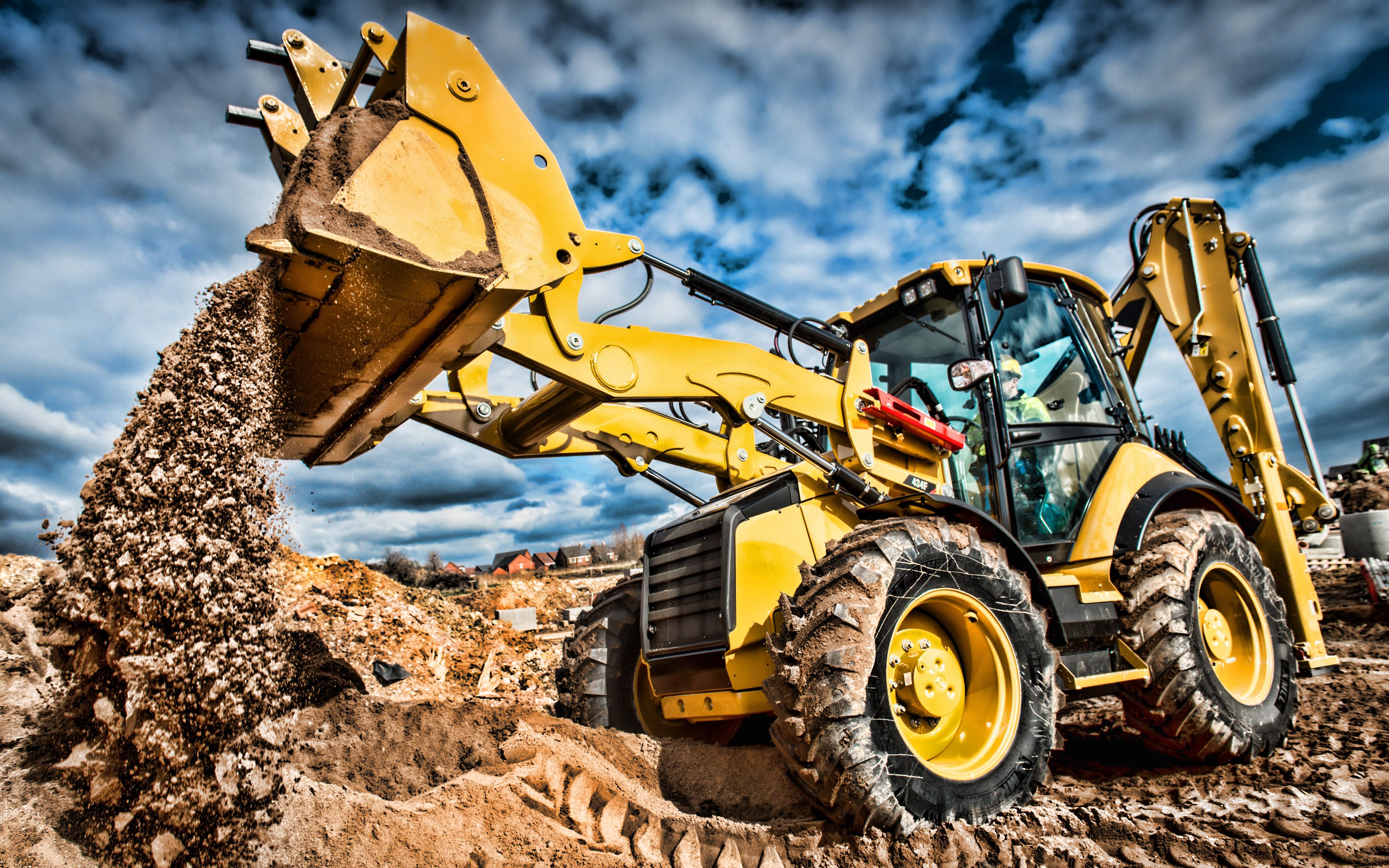 Download wallpaper Caterpillar 434F, 4k, HDR, Backhoe loader, construction vehicles, Cat 434F, special equipment, excavators, Caterpillar for desktop with resolution 3840x2400. High Quality HD picture wallpaper