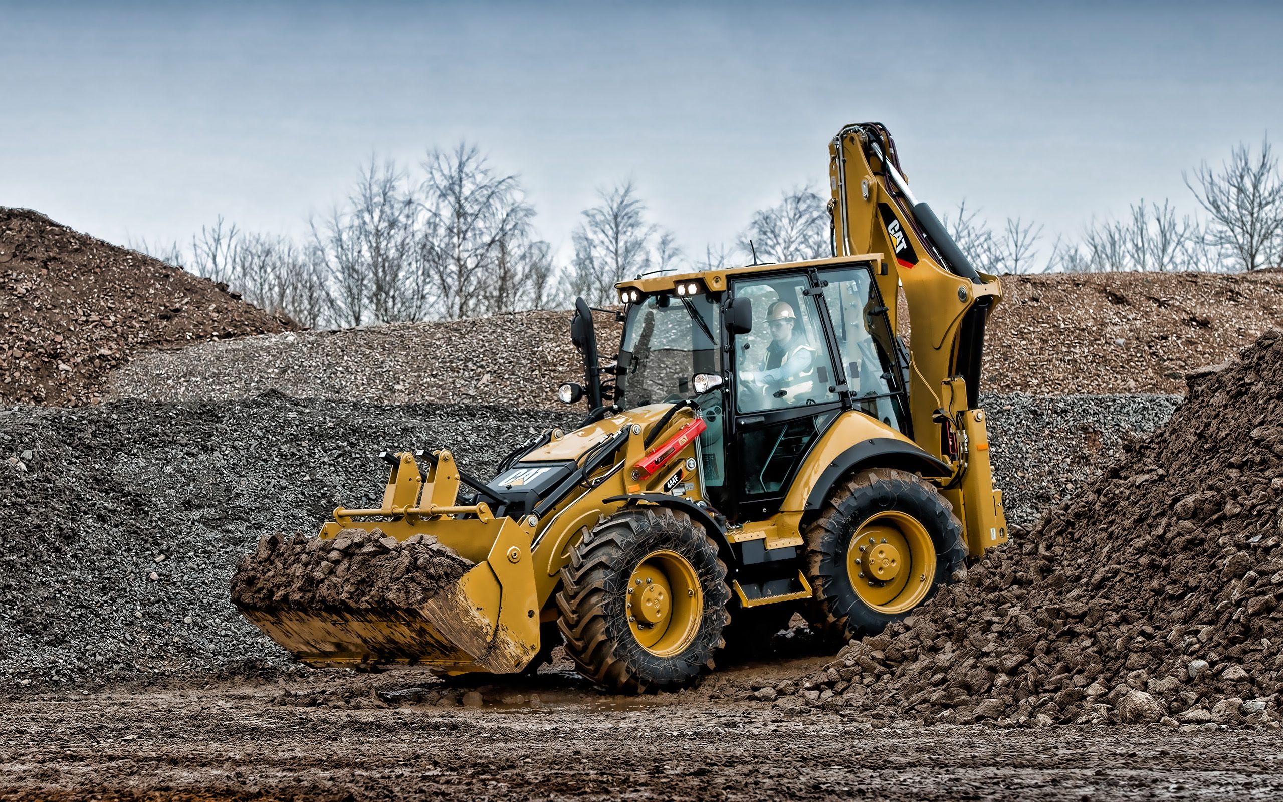 Download wallpaper Cat 444F, Backhoe loader, tractors, construction equipment, construction machines, Caterpillar 444F for desktop with resolution 2560x1600. High Quality HD picture wallpaper