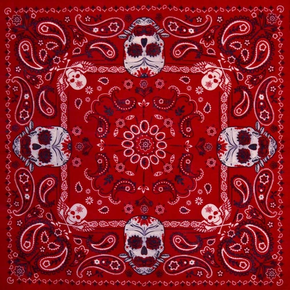 Red Paisley Sugar Skull Bandana. #retrobandana #paisley #sugarskull #dayofthedead #retrofashion #rockabillybandana #sku. Bandannas, Skull bandanna, Bandana design
