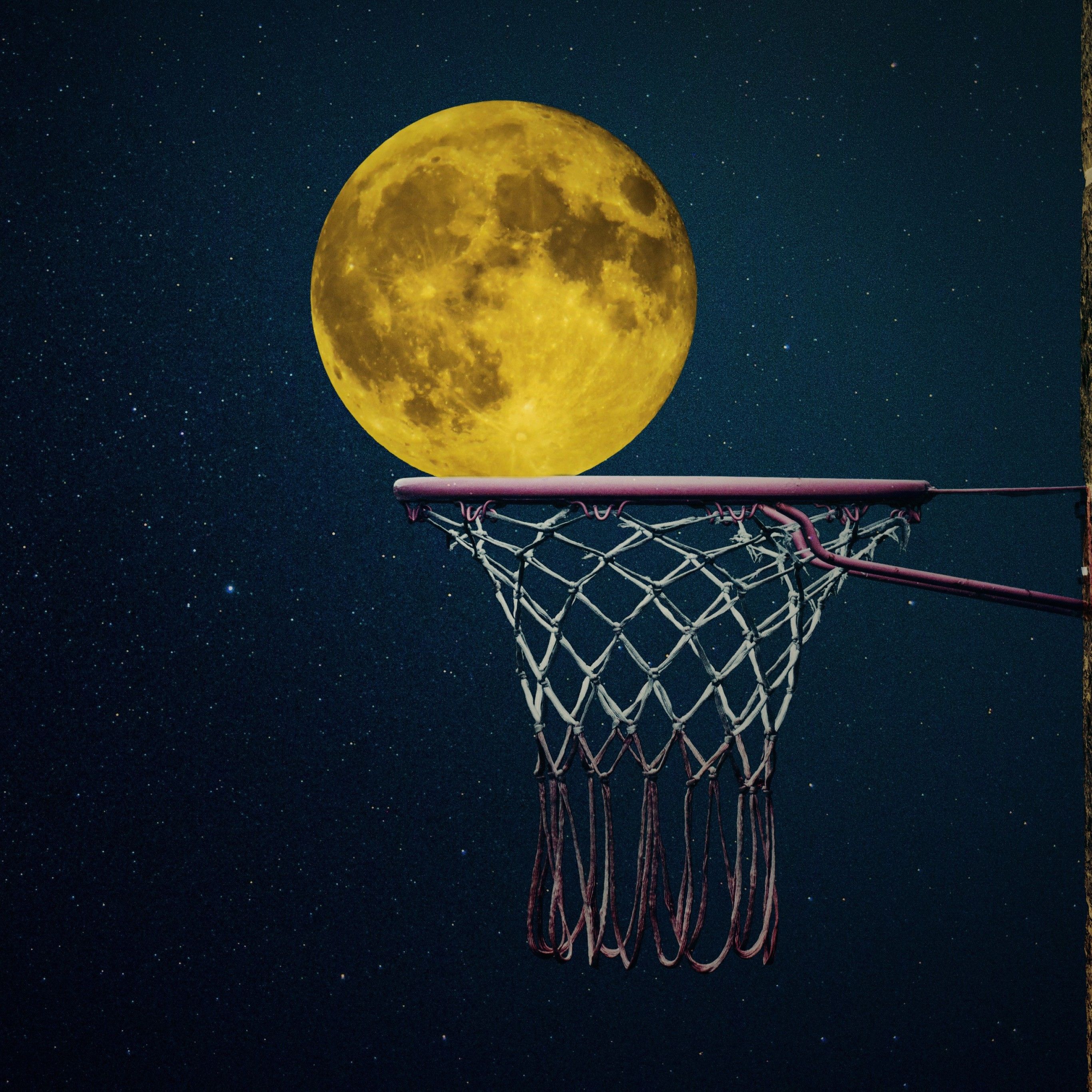 Full moon 4K Wallpaper, Basketball ring, Night sky, Illustration, Dark background, Stars, Photography