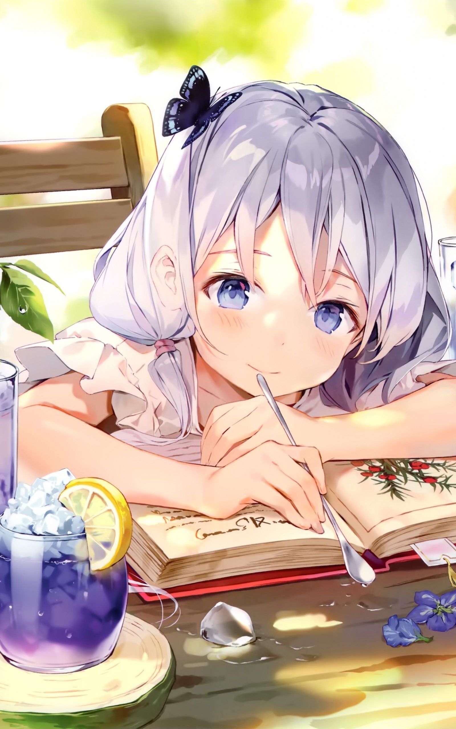 Download 1600x2560 Anime Girl, Loli, Lazy, Resting, Spoon, Book, Gray Hair Wallpaper for Google Nexus 10