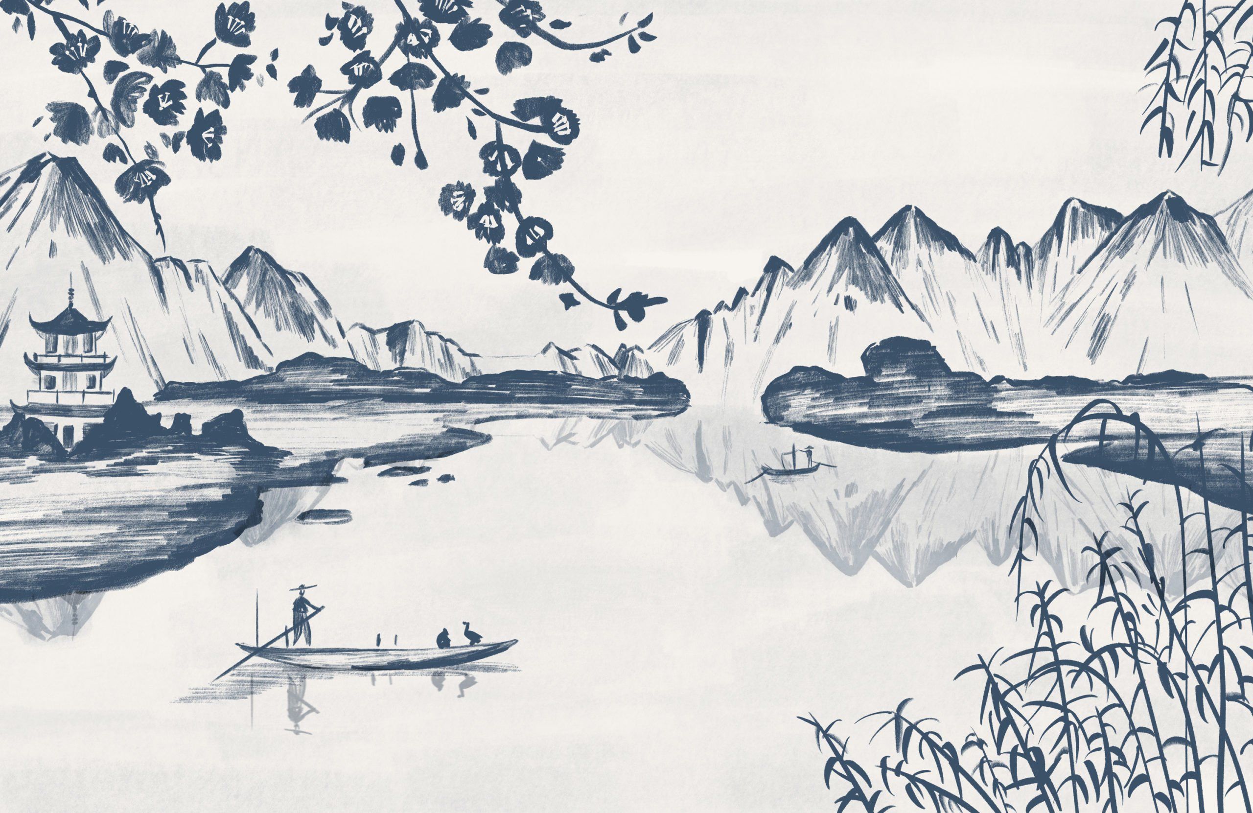 Traditional Chinese Ink Mountain & Lake Wallpaper Mural