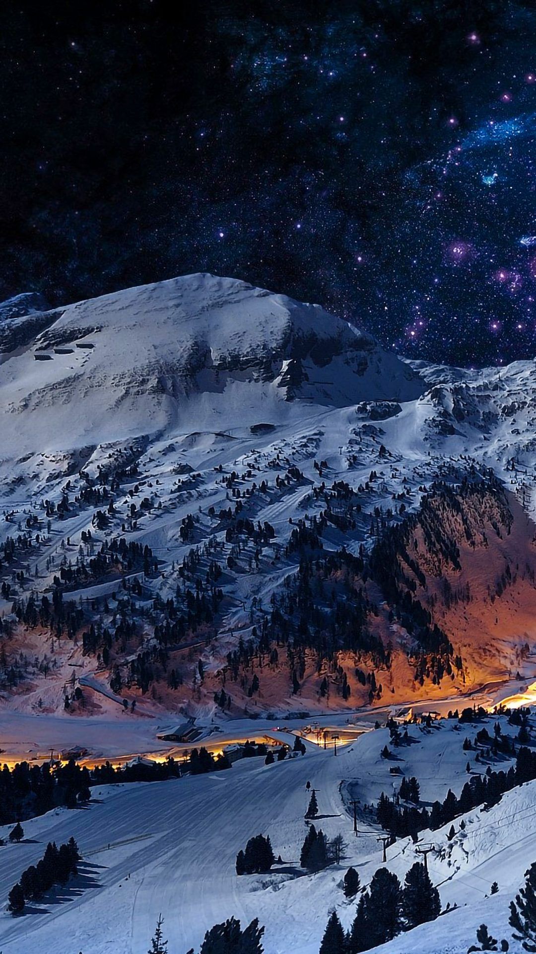 Mountain Night Sky Snow Blue Stars Nature 4K Wallpaper