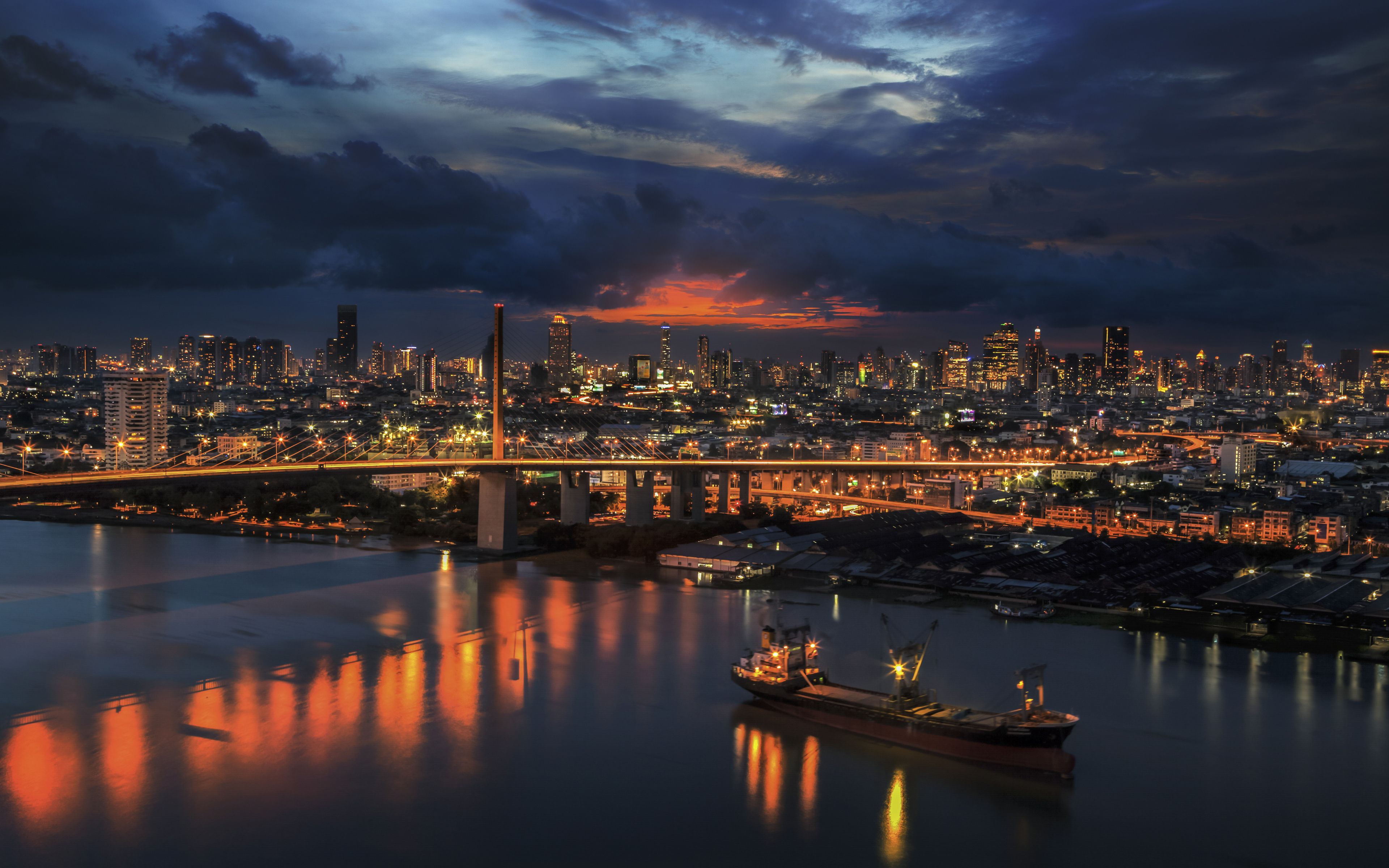 Download wallpaper 4k, Bangkok, nightscapes, port, barge, Thailand, Asia for desktop with resolution 3840x2400. High Quality HD picture wallpaper