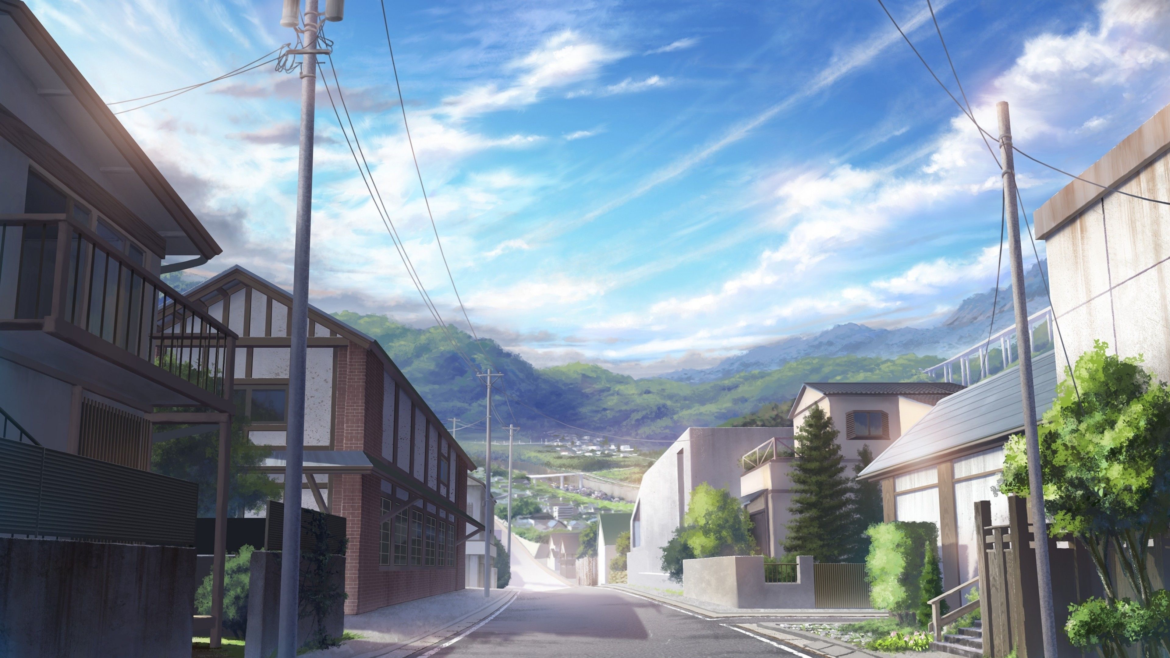 Download 3840x2160 Anime Street, Buildings, Clouds, Scenic Wallpaper for UHD TV
