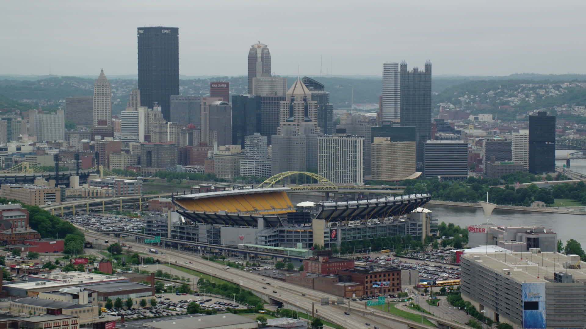 5K stock footage aerial video of Heinz Field Football Stadium and Downtown Pittsburgh, Pennsylvania Aerial Stock Footage AX105_226