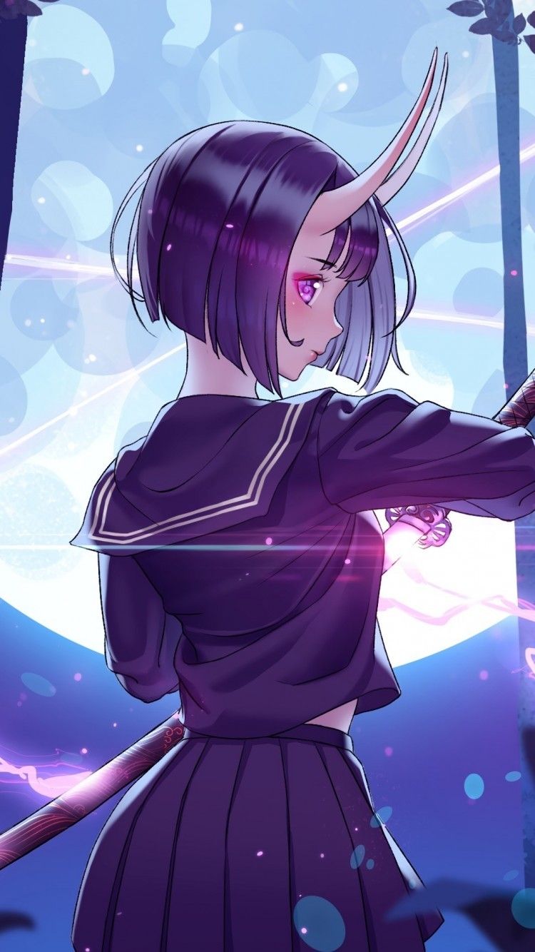 Download 750x1334 Shuten Douji, Fate Grand Order, Horn, Katana, School Uniform, Moon, Lightning Wallpaper for iPhone 7, iPhone 6
