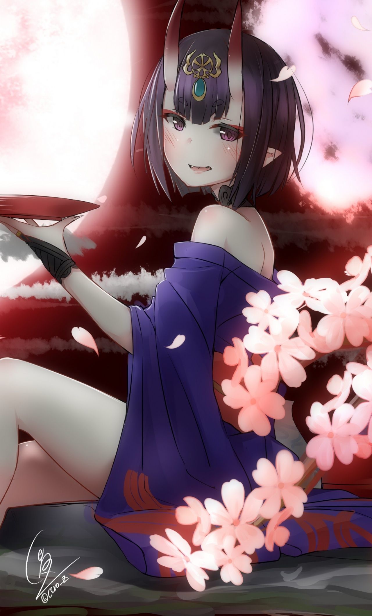 Wallpaper Sakura Blossom, Fate Grand Order, Shuten Douji, Short Hair, Petals