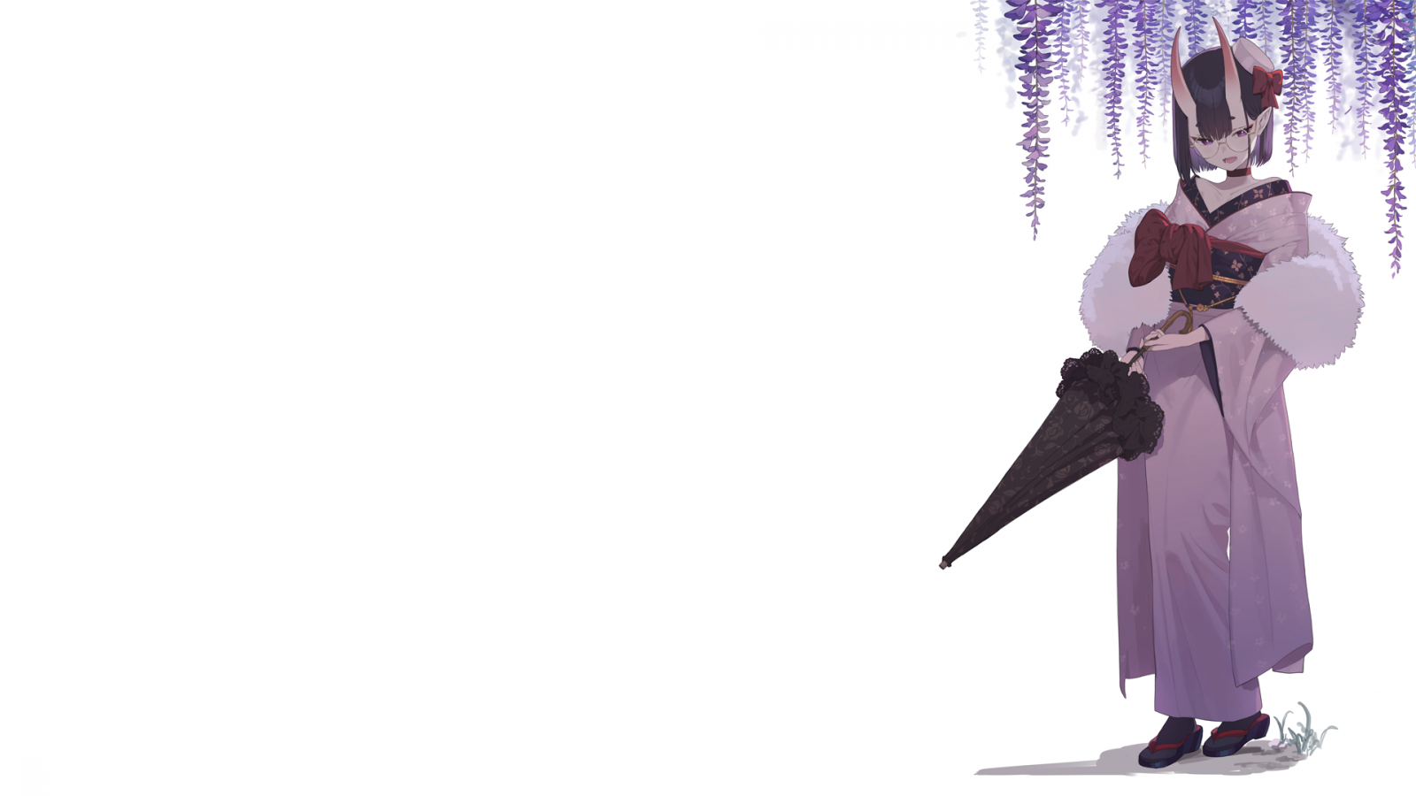 Wallpaper, anime girls, simple background, Fate Series, Fate Grand Order, Shuten Douji Fate Grand Order, kimono, oni, wafuku, umbrella, meganekko, glasses, demon horns 1920x1080
