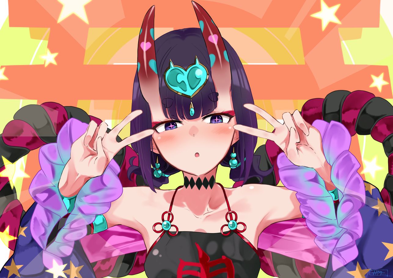 Wallpaper, Shuten Douji Fate Grand Order, horns, demon girl, blush, short hair, purple hair, purple eyes, Japanese clothes, frontal view 1286x909