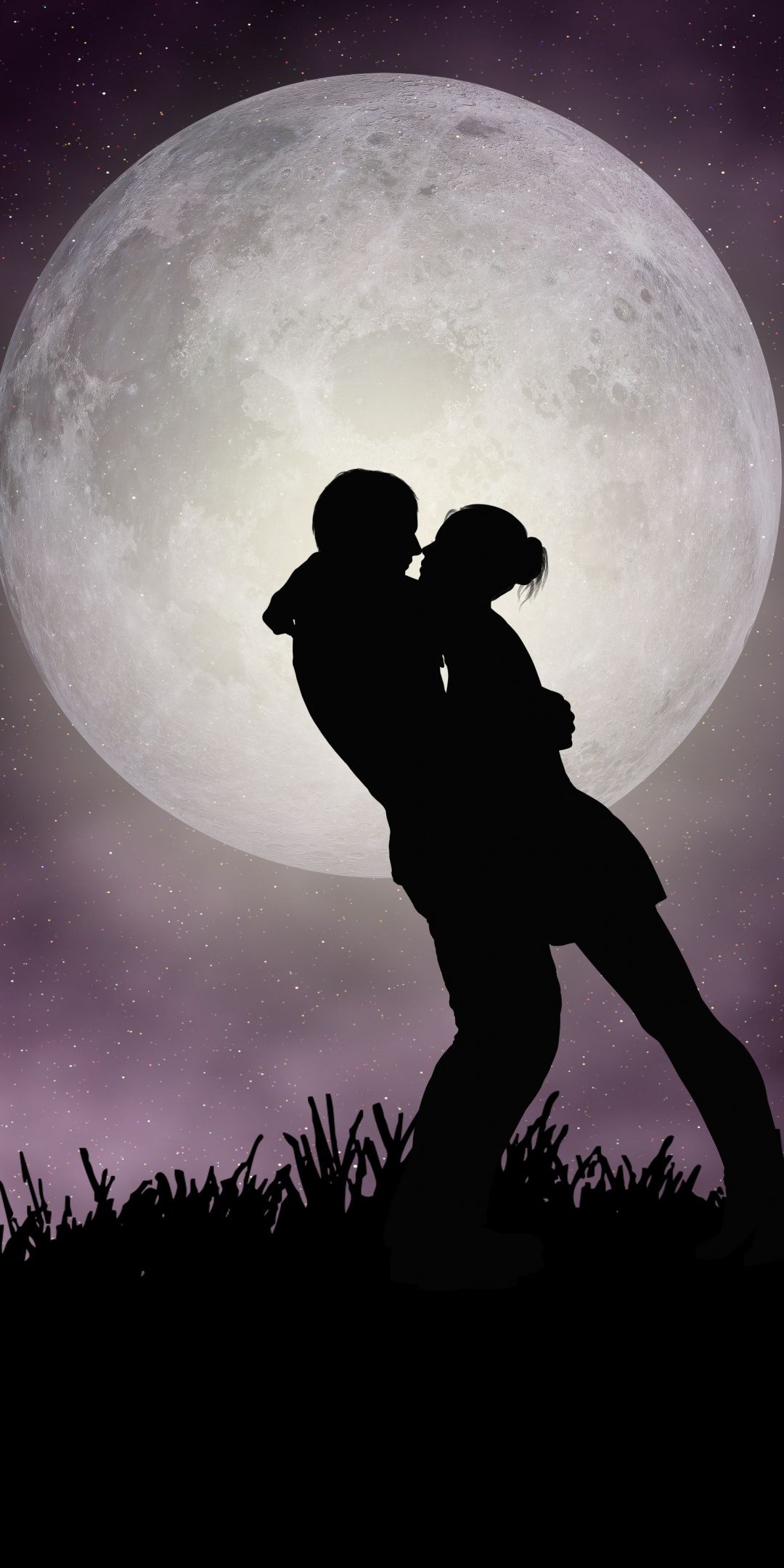 Moon, romantic night, couple, silhouette, art, 1080x2160 wallpaper. Romantic wallpaper, Silhouette art, Silhouette painting