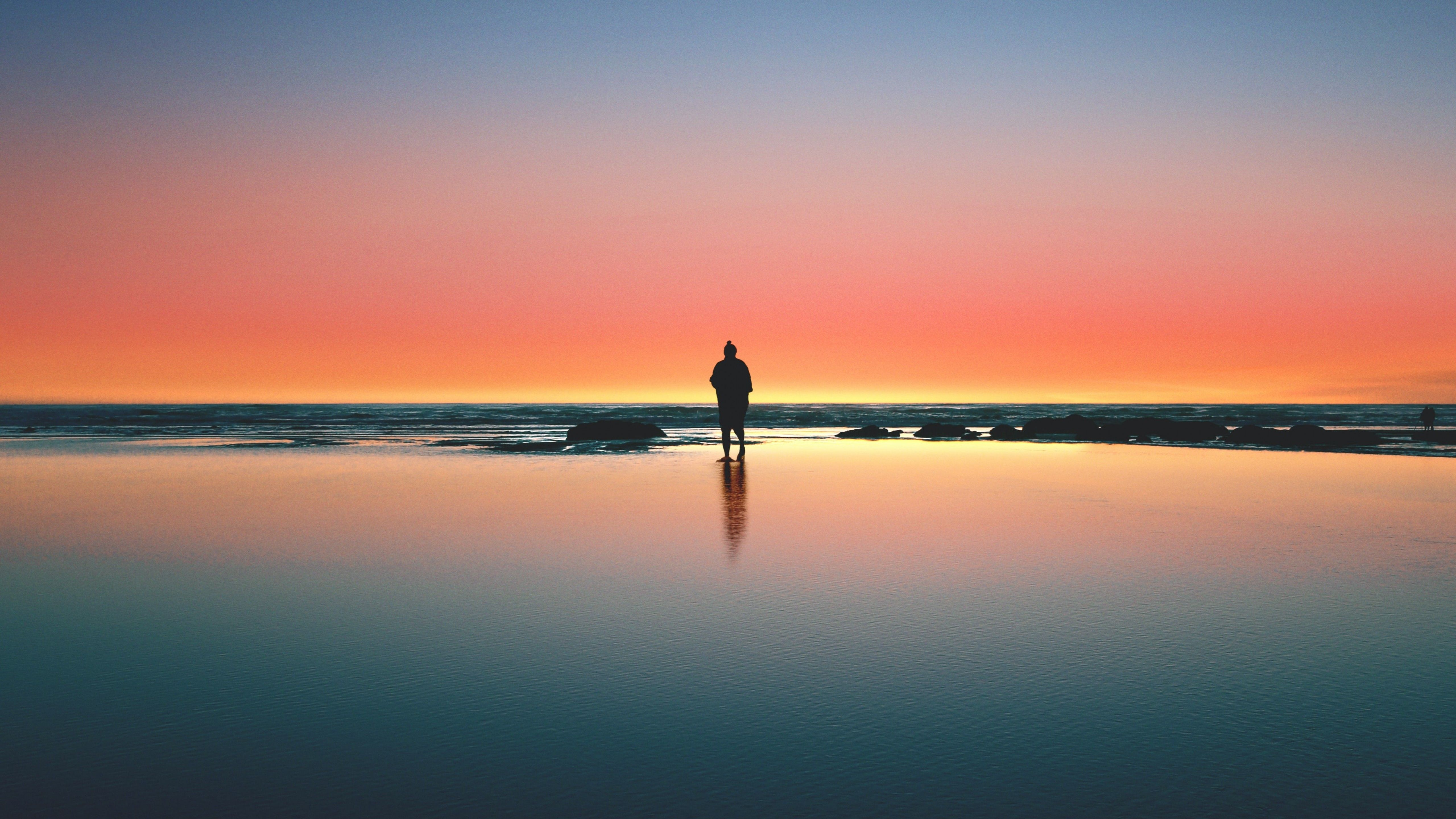 Horizon 4K Wallpaper, Beach, Man, Alone, Sunset, Silhouette, Crescent Moon, Reflection, Nature
