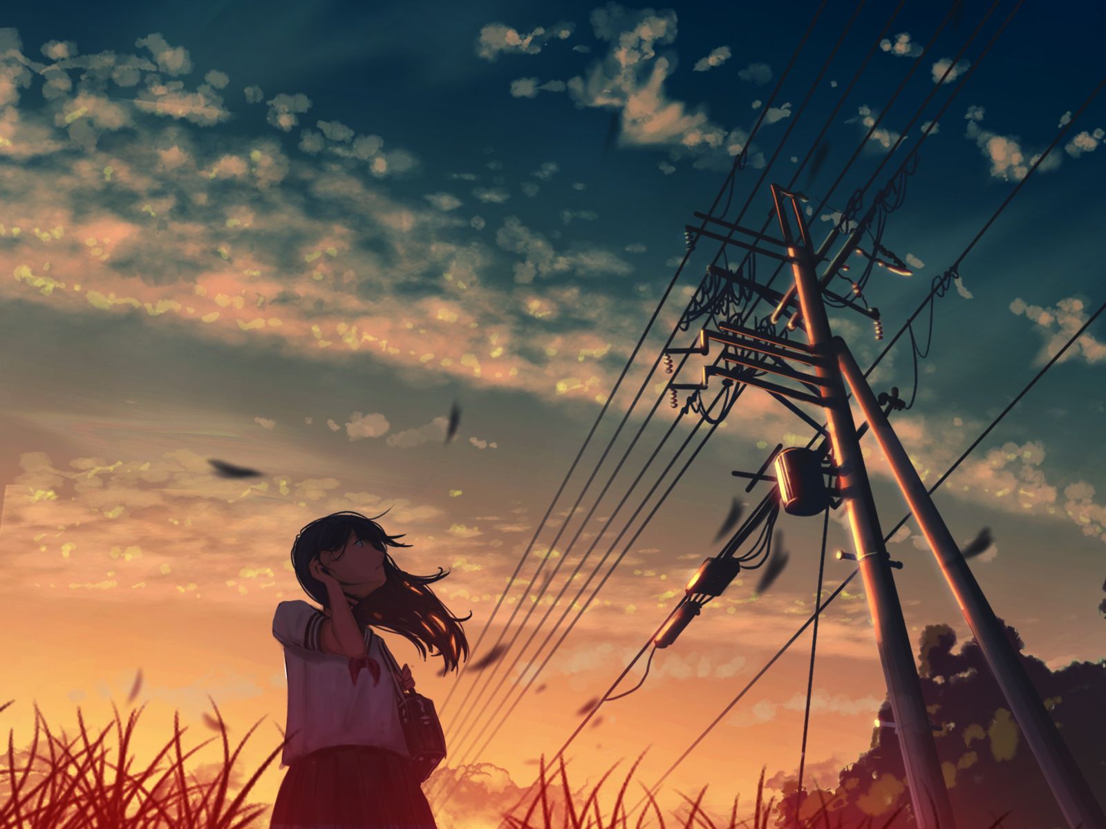 Wallpaper, anime girls, sky, dark hair, clouds, school uniform, original characters, summer, sunset, utility pole 1600x1200