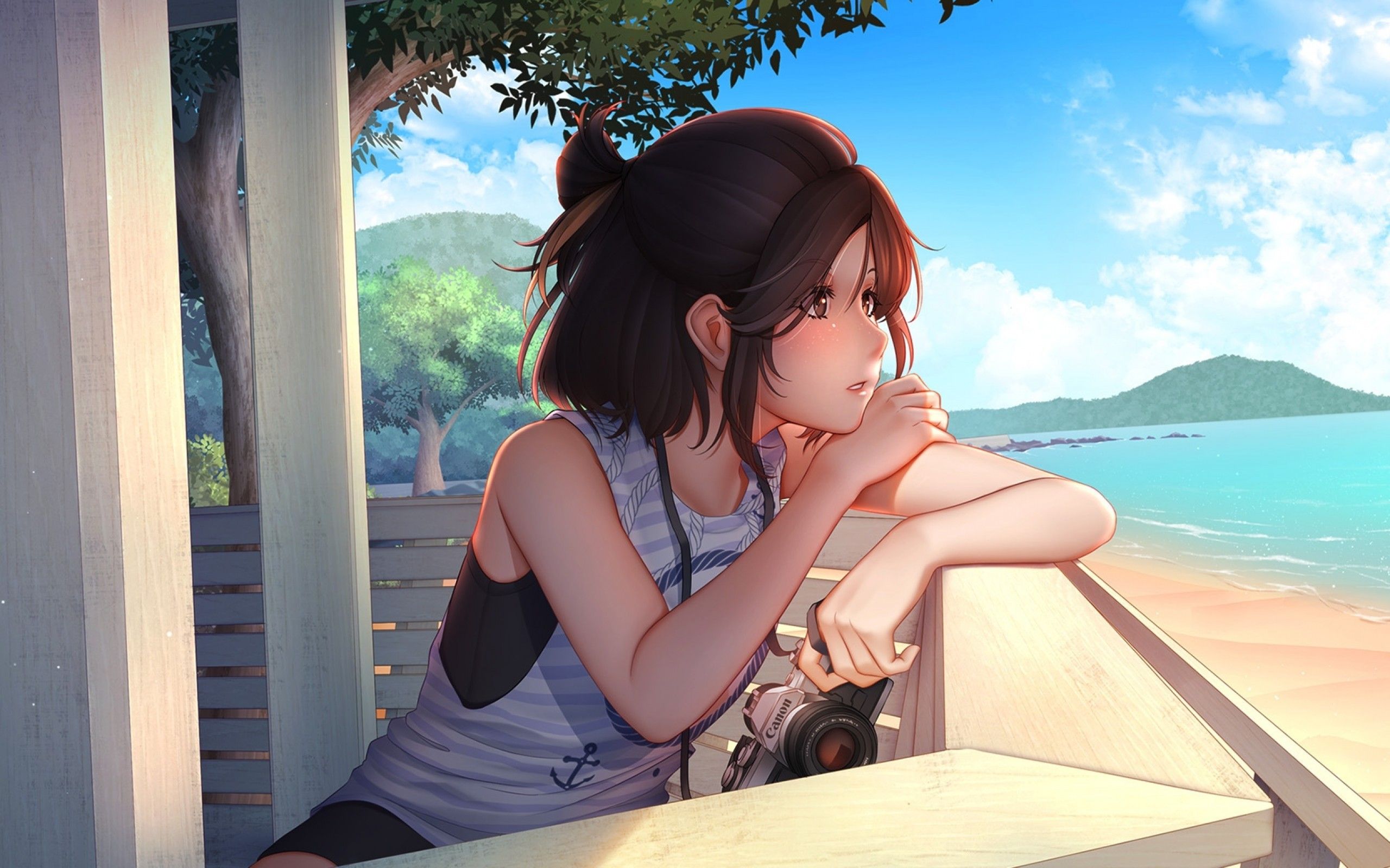 Download 2560x1600 Anime Girl, Summer, Cannon, Looking Away, Semi Realistic, Beach, Sky, Profile View Wallpaper for MacBook Pro 13 inch