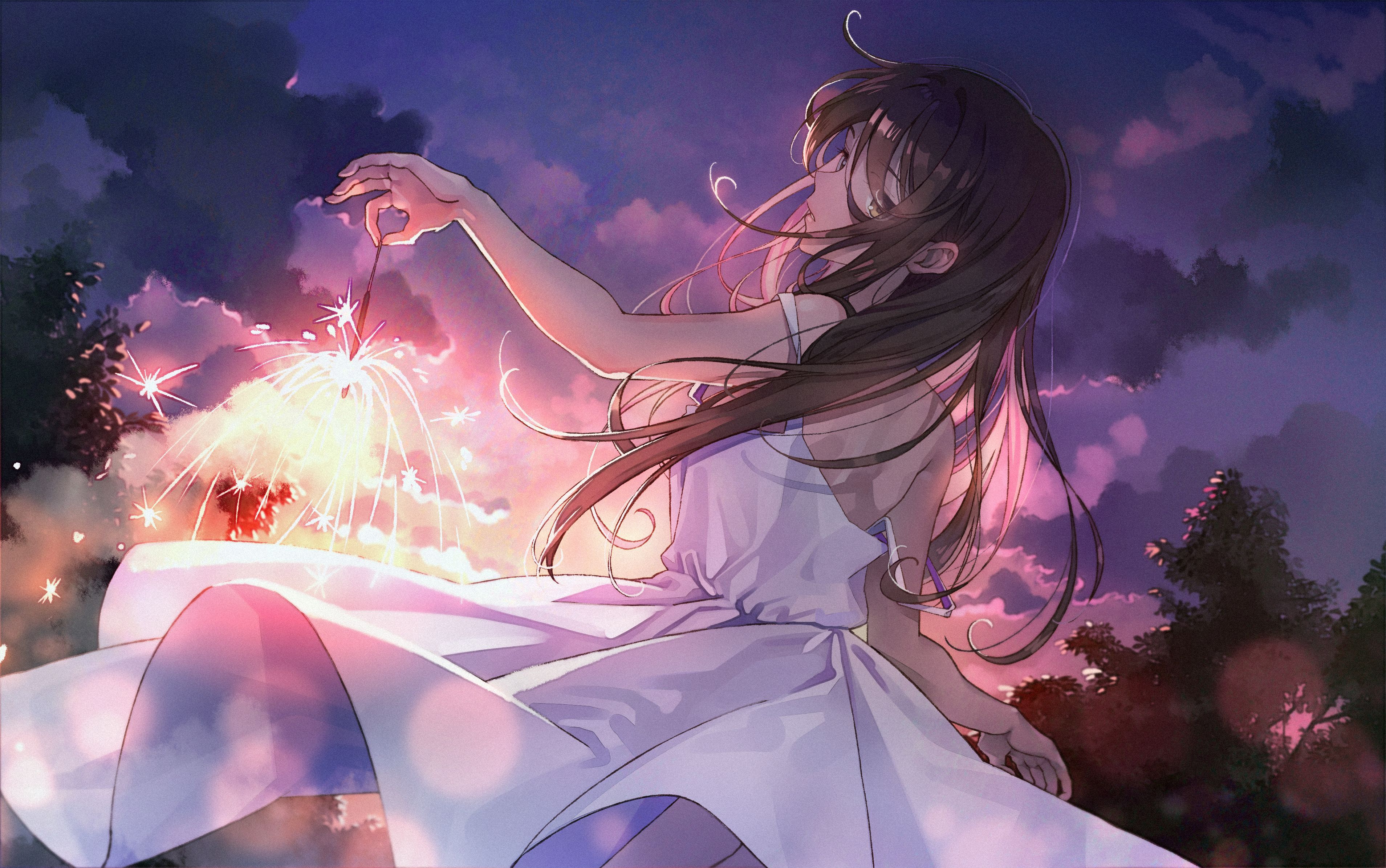 fireworks, #anime, #dress, #sunset, #anime girls, #sky, #clouds. Wallpaper No. 757788.cc. Anime summer, Anime, Background image
