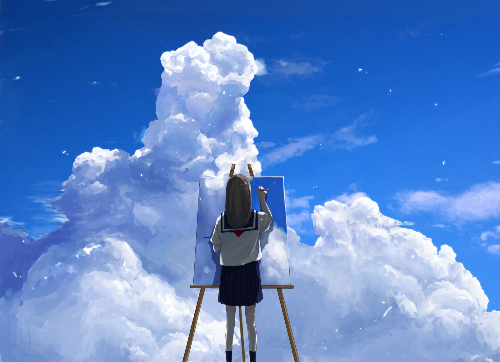 Wallpaper, anime girls, school uniform, sky, clouds, original characters, summer, drawing 2900x2100