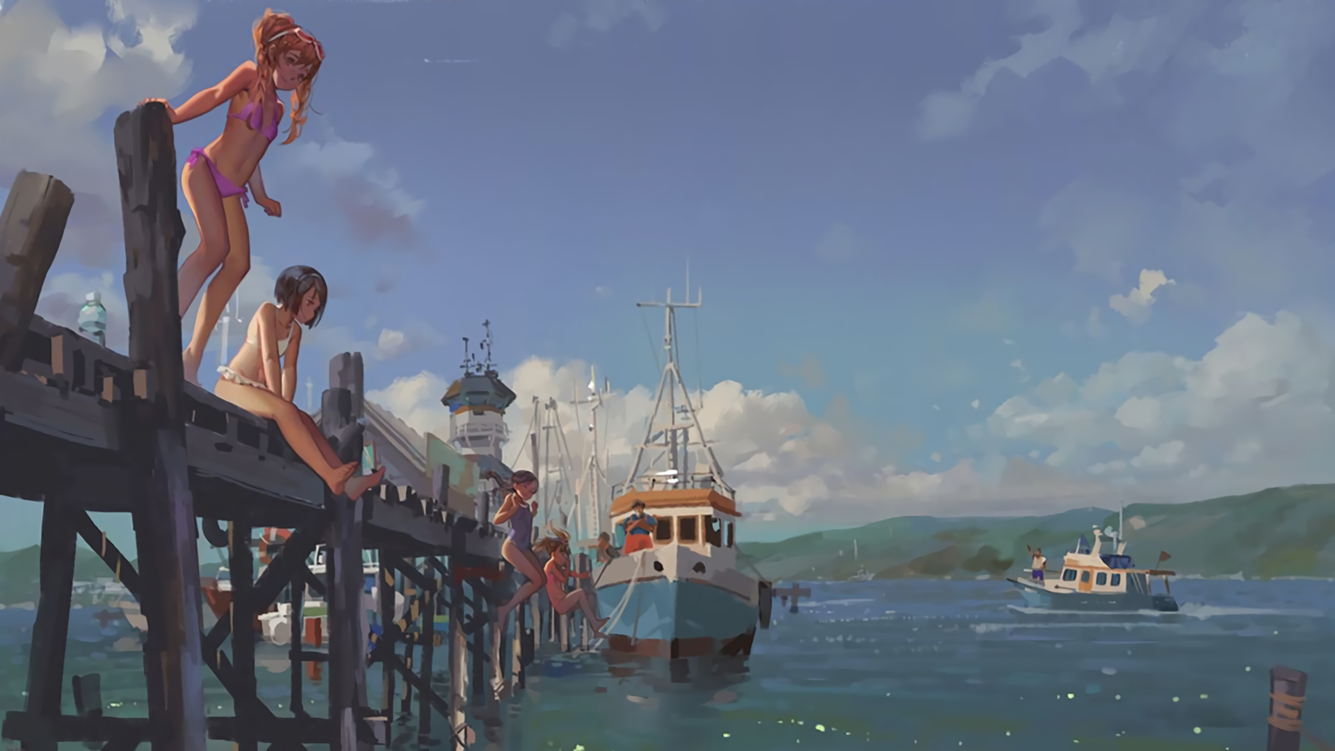 Anime Girls Sea Summer Sky Harbor Wallpaper:1920x1080