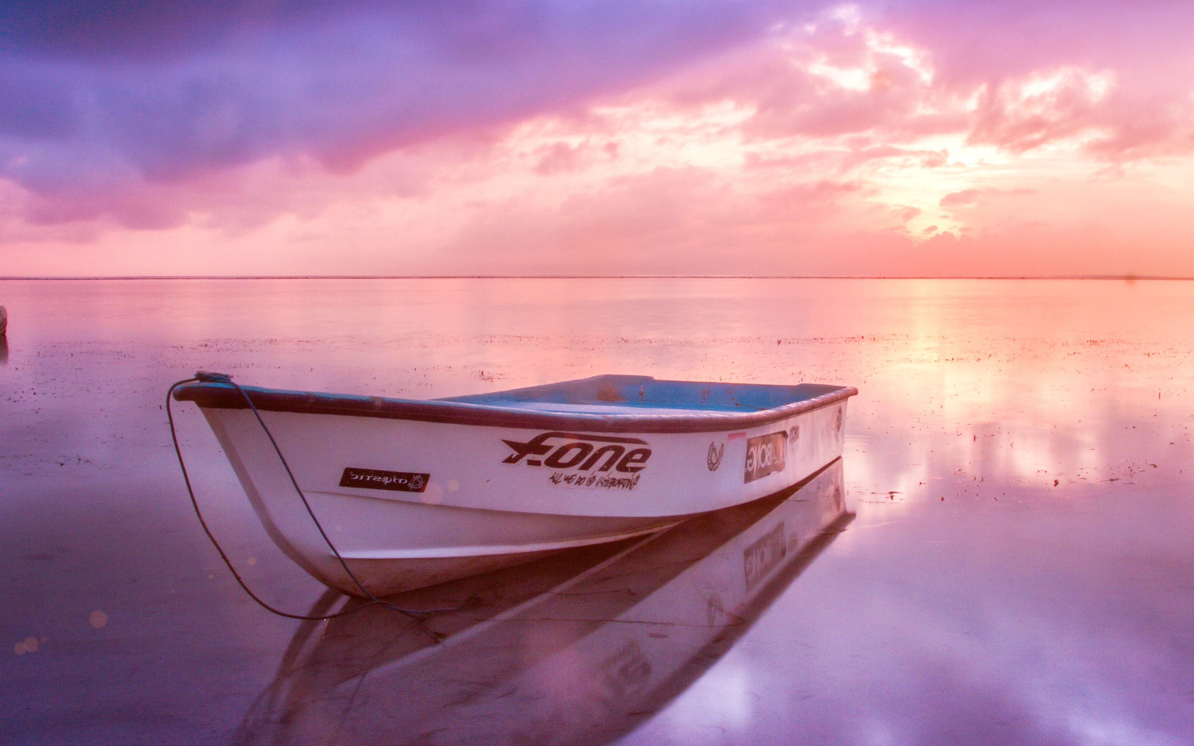 Nature Sea Beach Boat Alone Sunset Blue Pink Flare Wallpaper