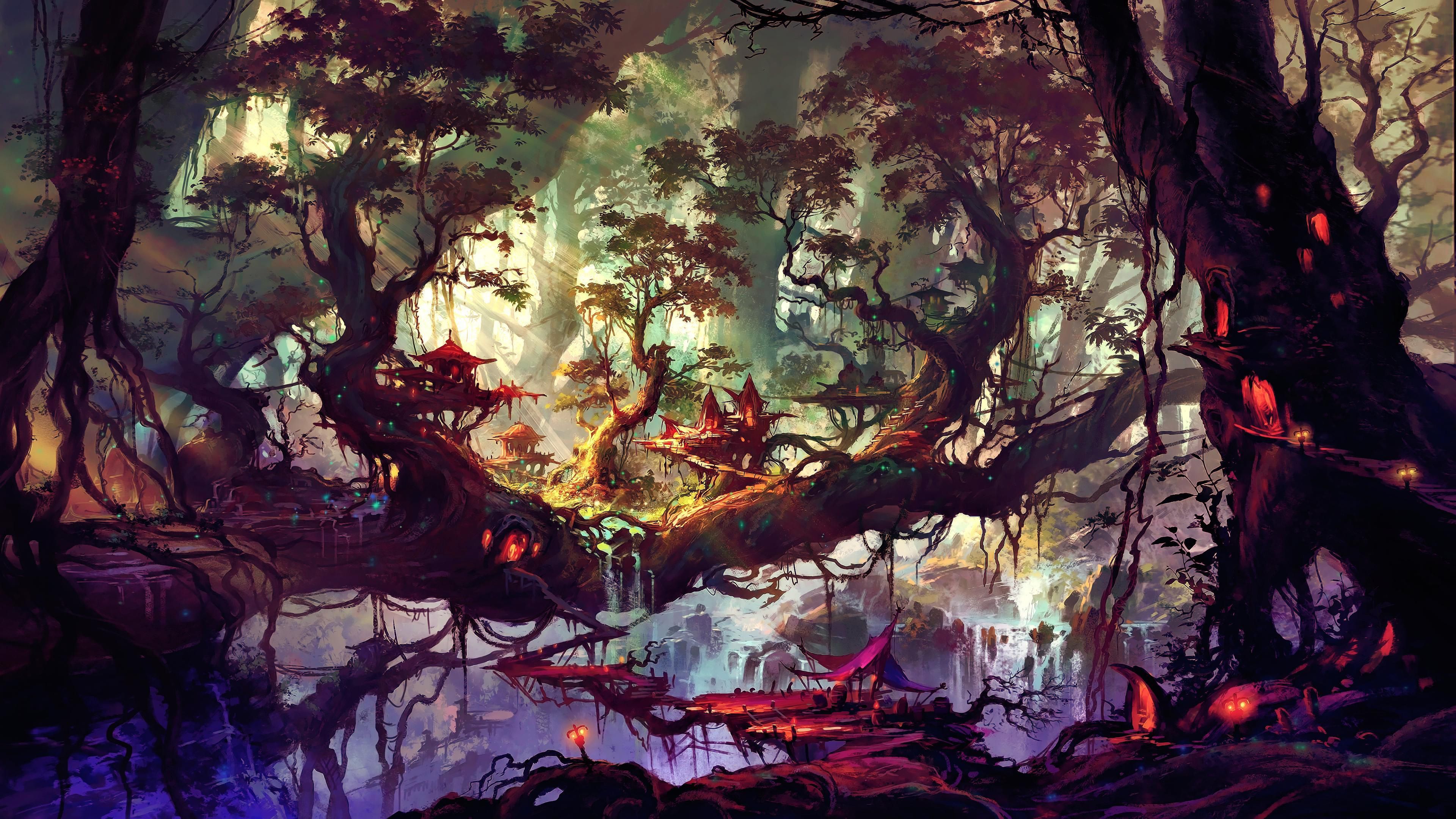 Artwork City Fantastic Fantasy Forest Home 4K HD Wallpaper
