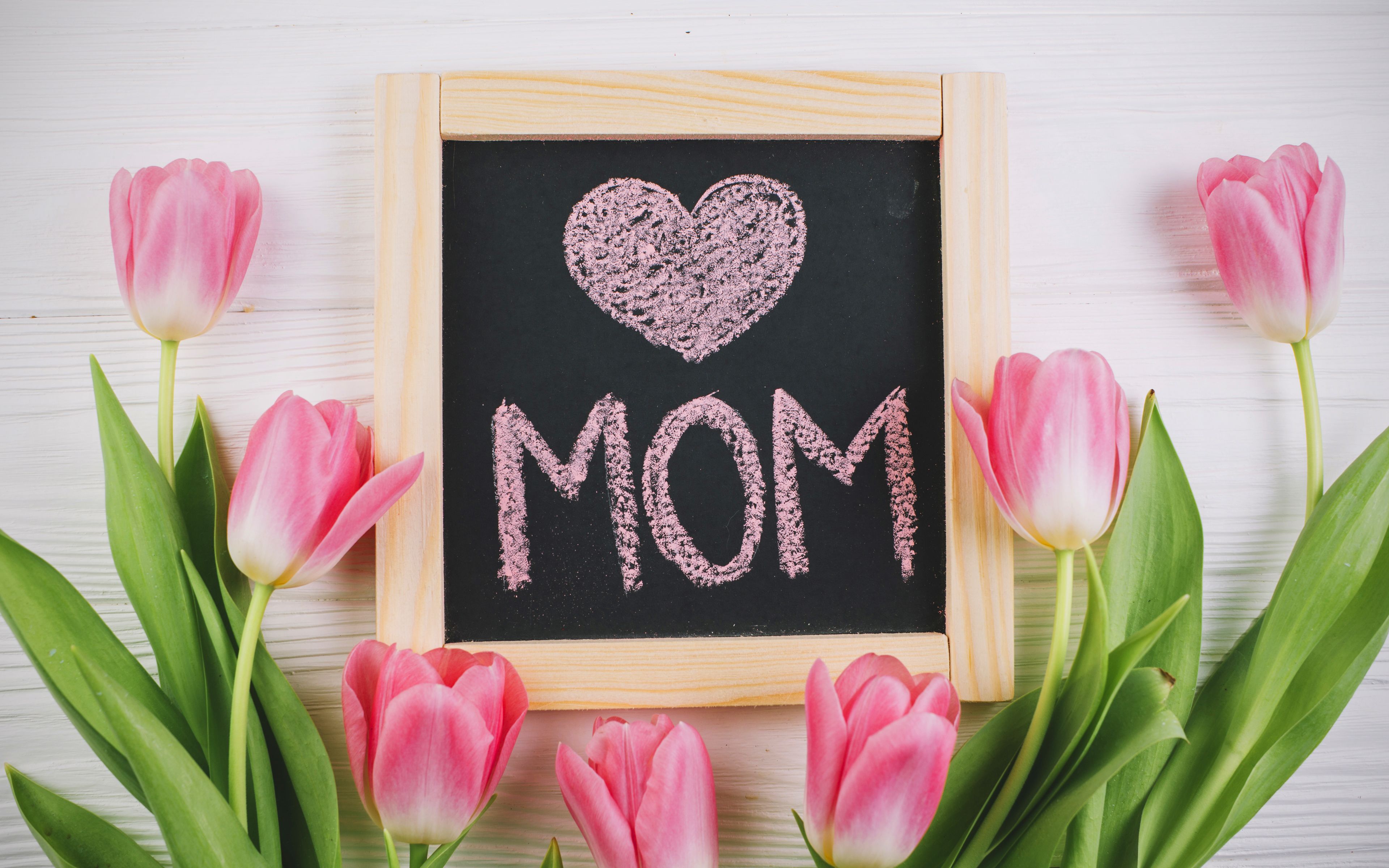 Download wallpaper 4k, Mothers Day, pink tulips, I love mom, May international holiday, congratulations, Mothers Day 2018 for desktop with resolution 3840x2400. High Quality HD picture wallpaper