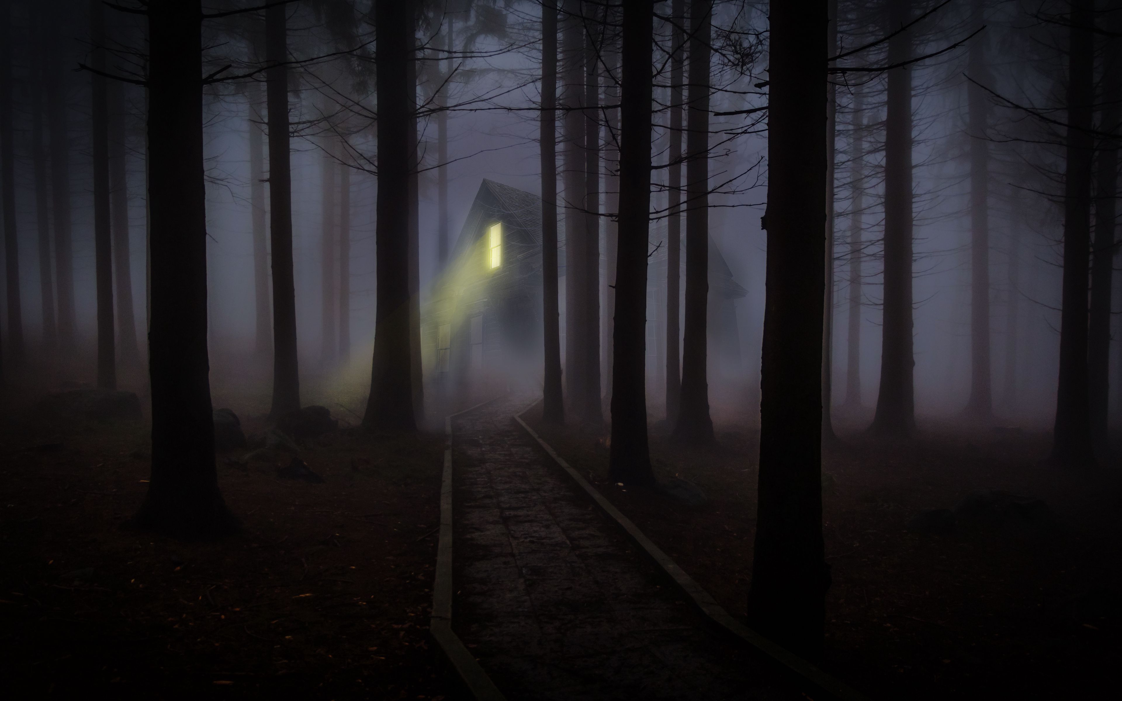 Download wallpaper 3840x2400 house, forest, fog, creepy, night 4k ultra HD 16:10 HD background