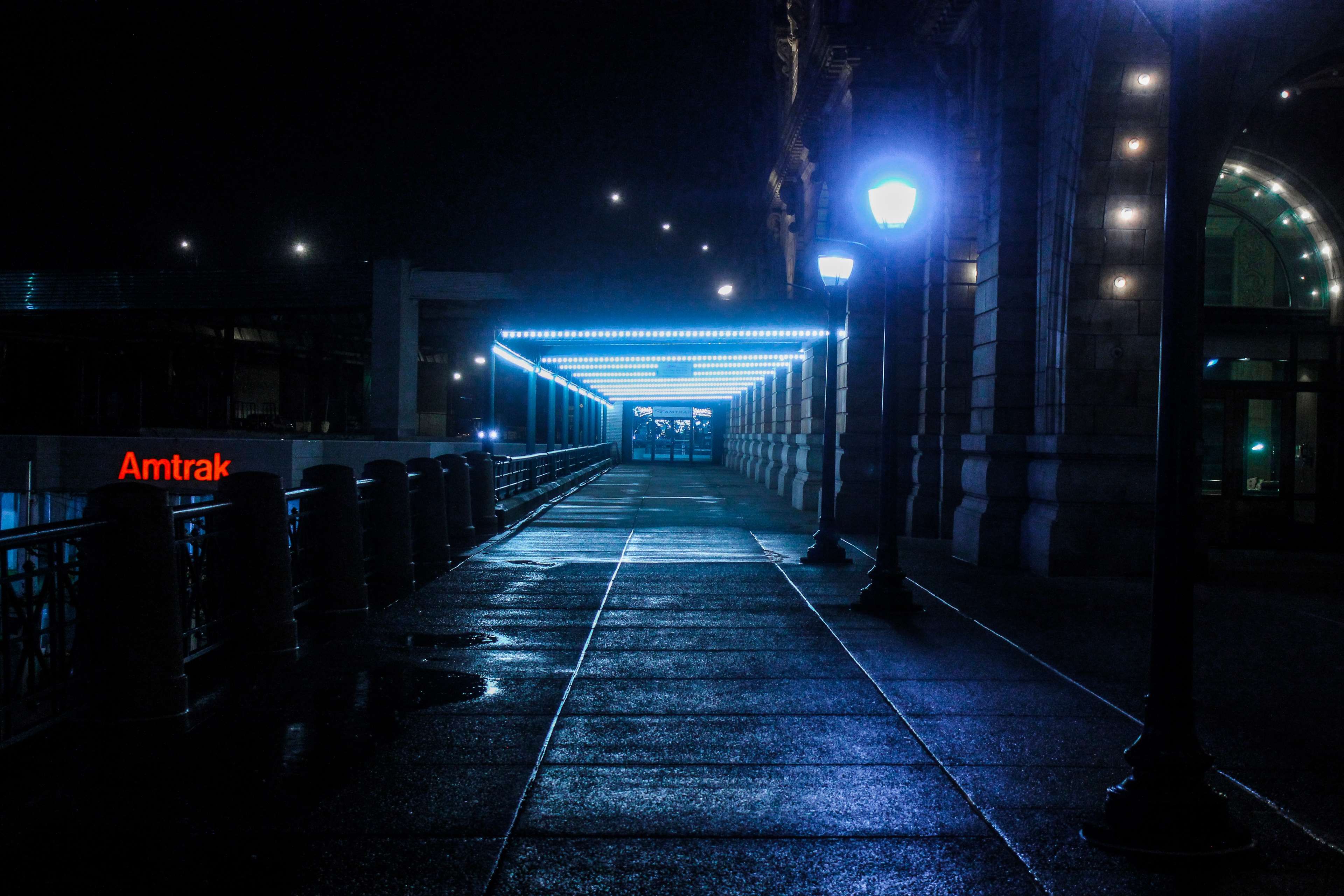 city #dark #lamps #lights #night #pathway #street #train station. Street background, City lights, Background