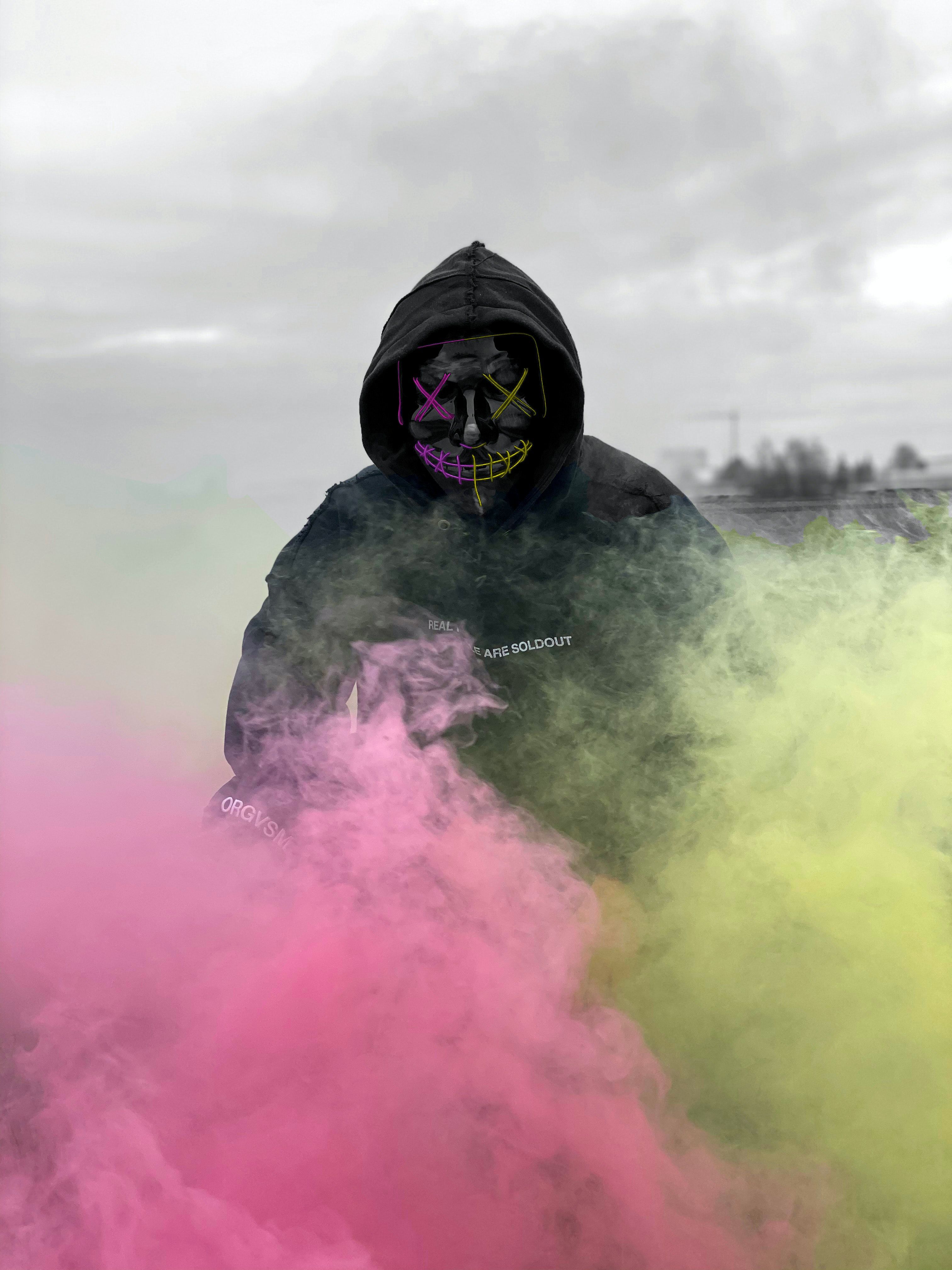 Free of 3D neon hacker mask, anonymous, color smoke bombs