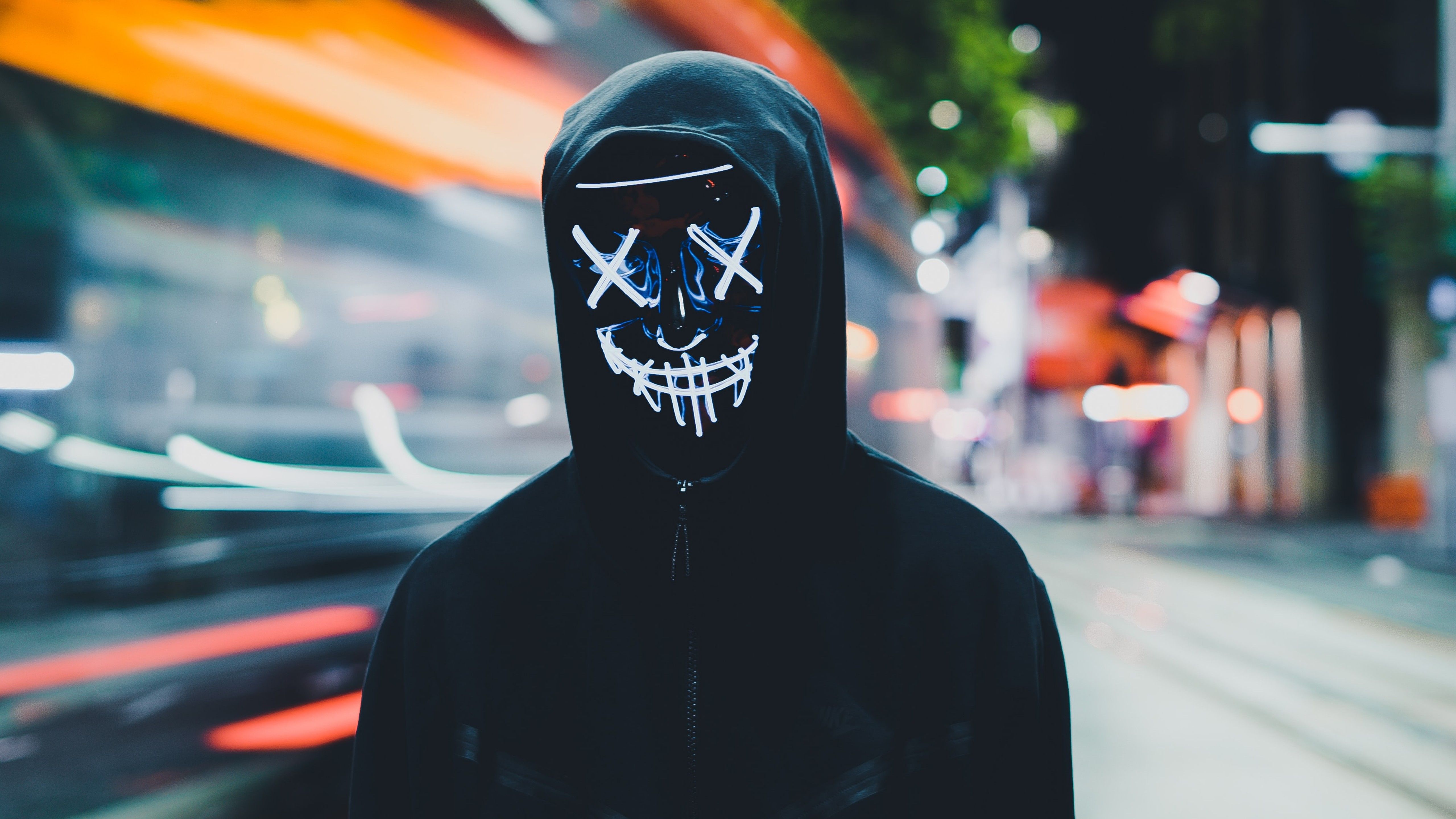 Persons in Mask 4K Wallpaper, Neon Mask, Black Hoodie, Anonymous, 5K, Photography