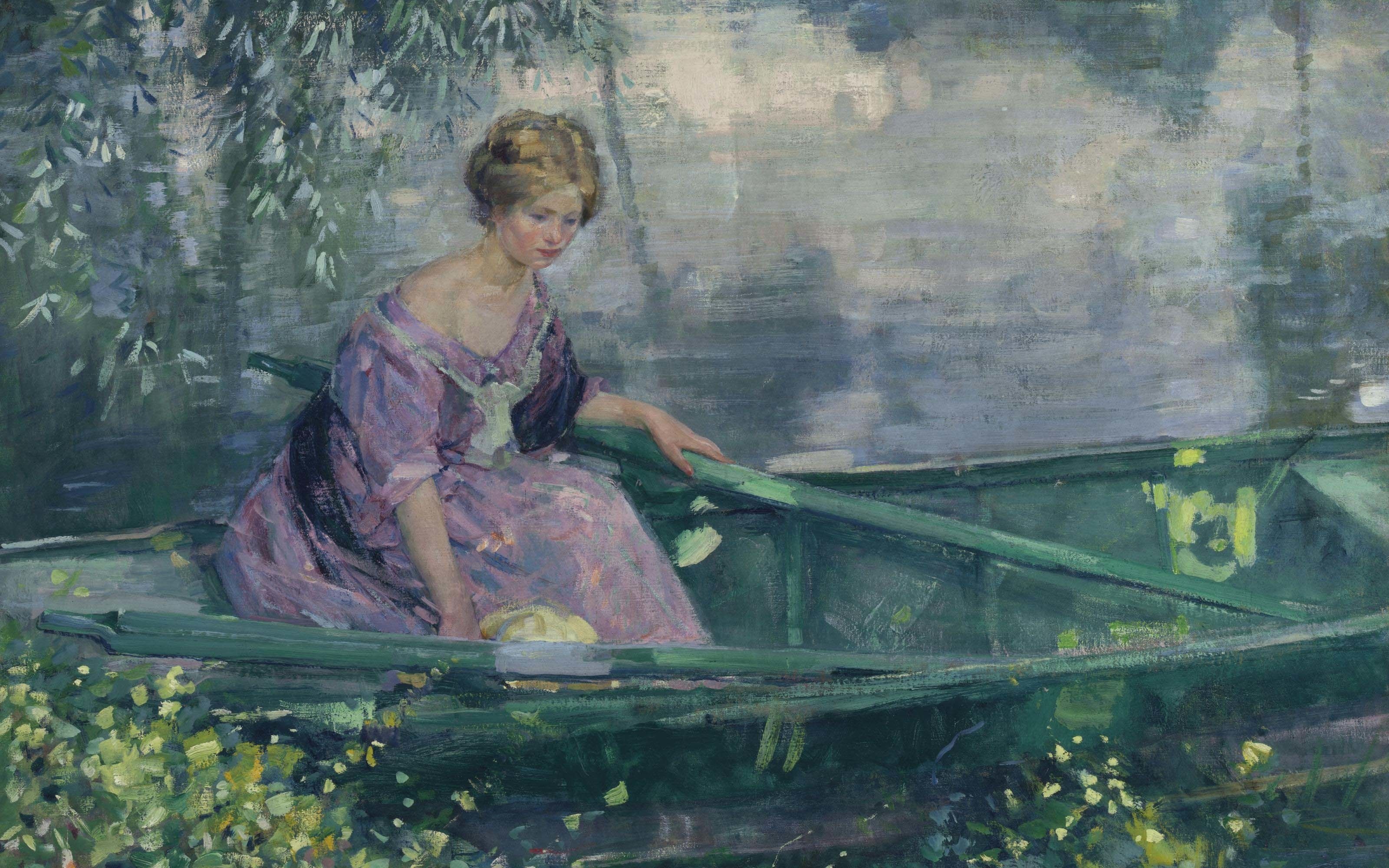 Wallpaper, Carl Albert Bures, 1912 Year, artwork, classic art, classical art, women, boat, nature, painting 3200x2000