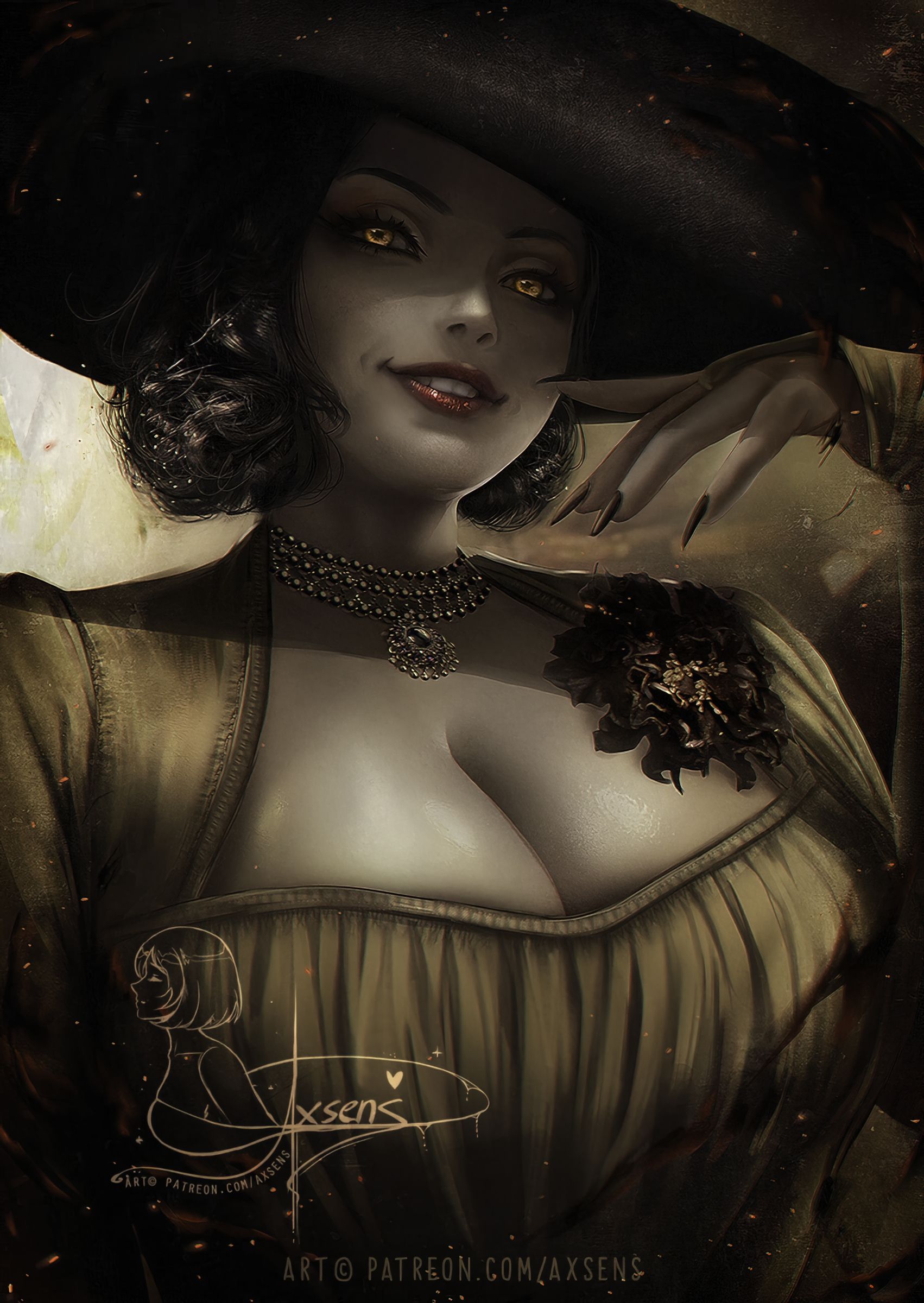 Wallpaper, lady dimitrescu, Resident Evil 8 Village, Resident Evil, pale, rose, necklace, painted fingernails, orange eyes, smile, dark hair, zombies, vampires, artwork, digital art, hat, anime girls, video game characters, Video