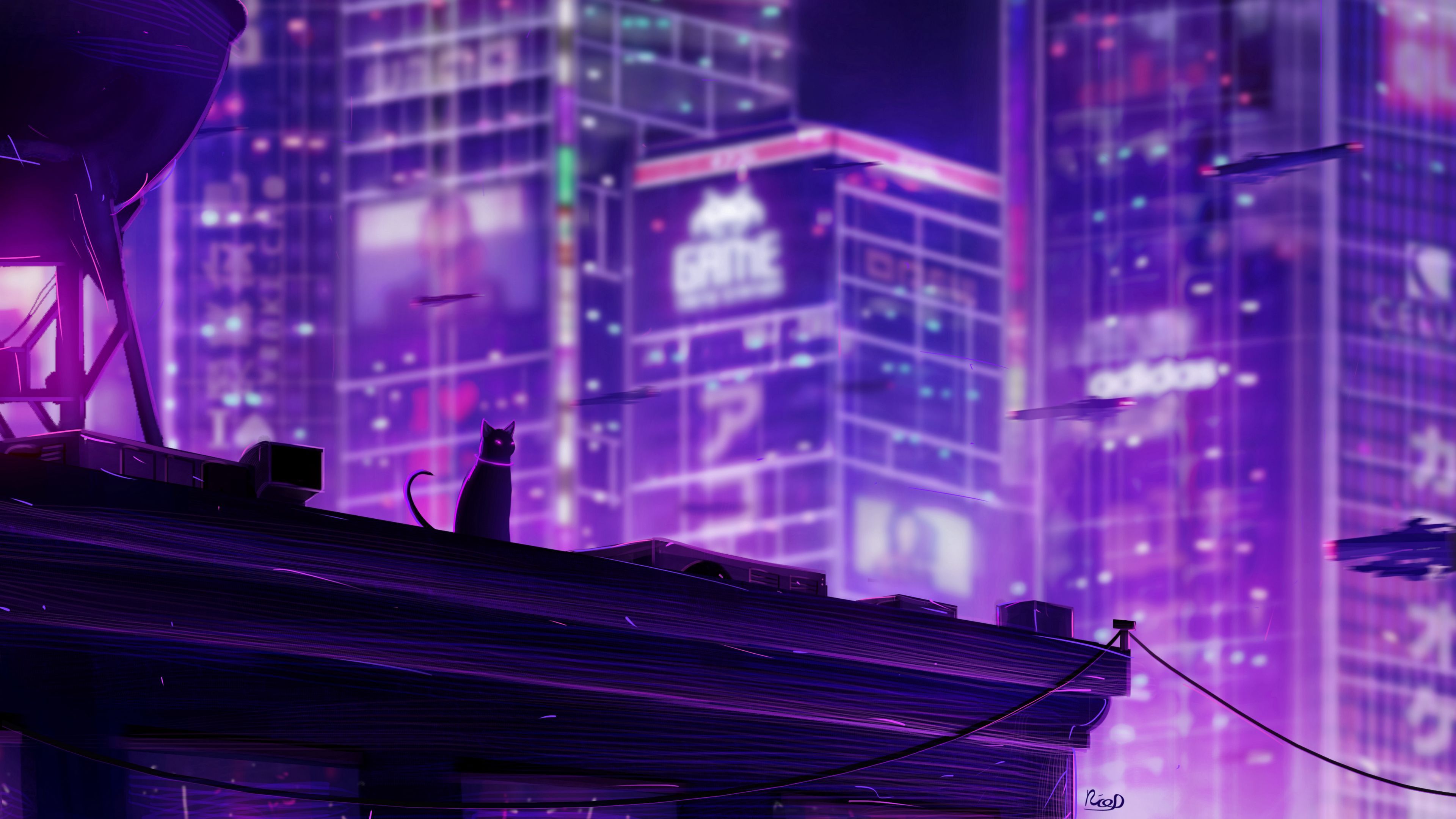 Download wallpaper 3840x2160 cat, roof, city, future, neon, backlight 4k uhd 16:9 HD background