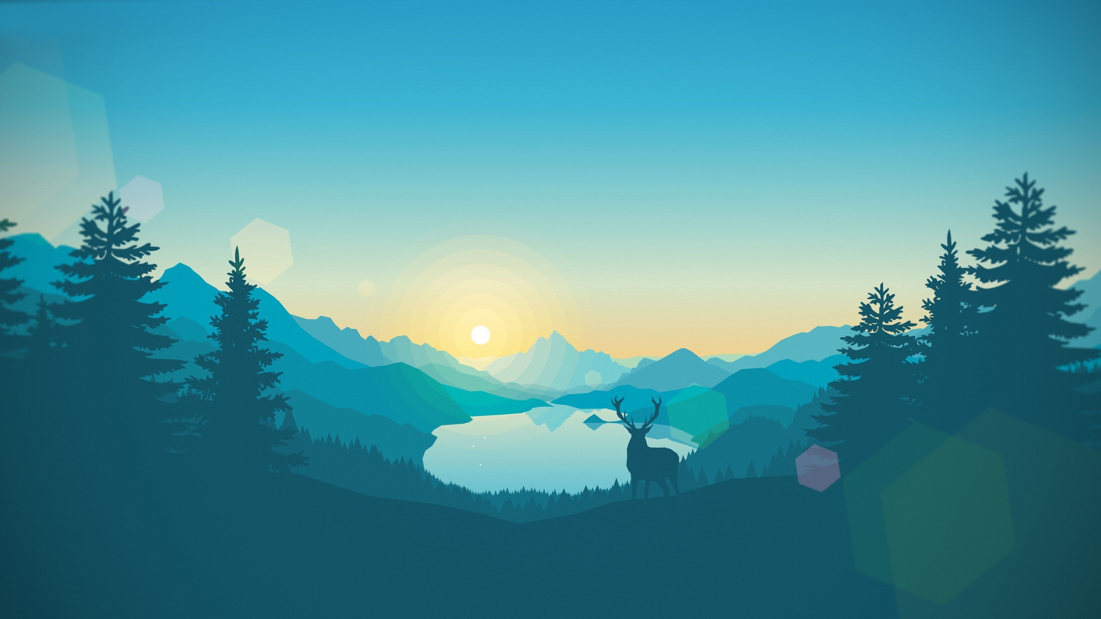 Wallpaper Vector design, landscape, mountains, lake, trees, deer 3840x2160 UHD 4K Picture, Image