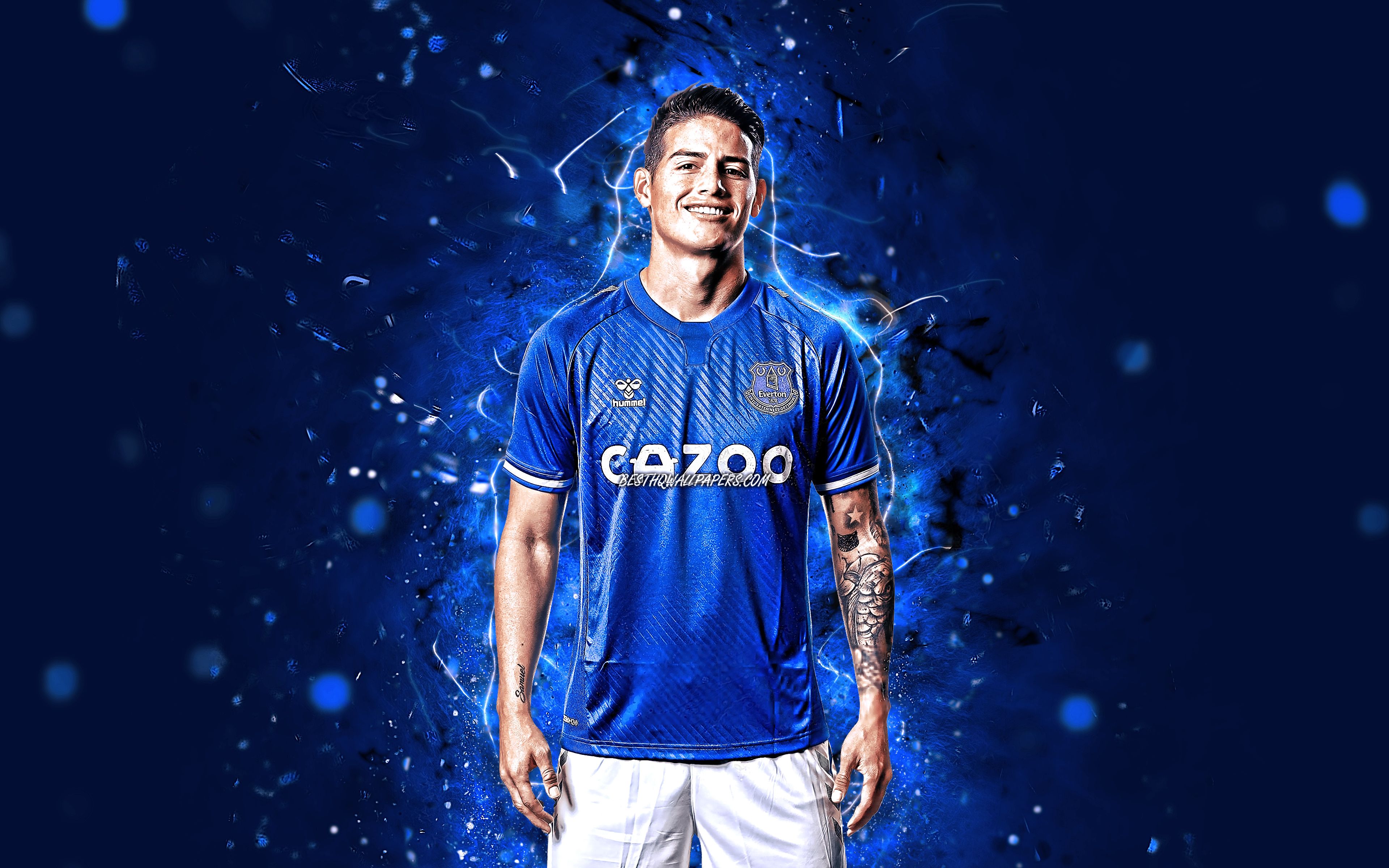 Download wallpaper James Rodriguez, 4k, Everton FC, colombian footballers, soccer, James David Rodríguez Rubio, Premier League, James, football, James Rodriguez 4K, blue neon lights, James Rodriguez Everton for desktop with resolution