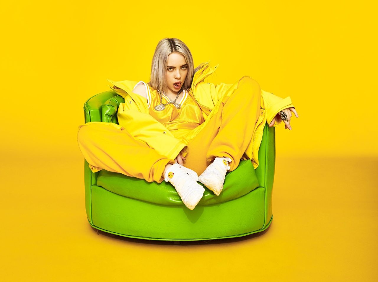 Photos Blonde girl Billie Eilish Girls sit Wing chair Staring