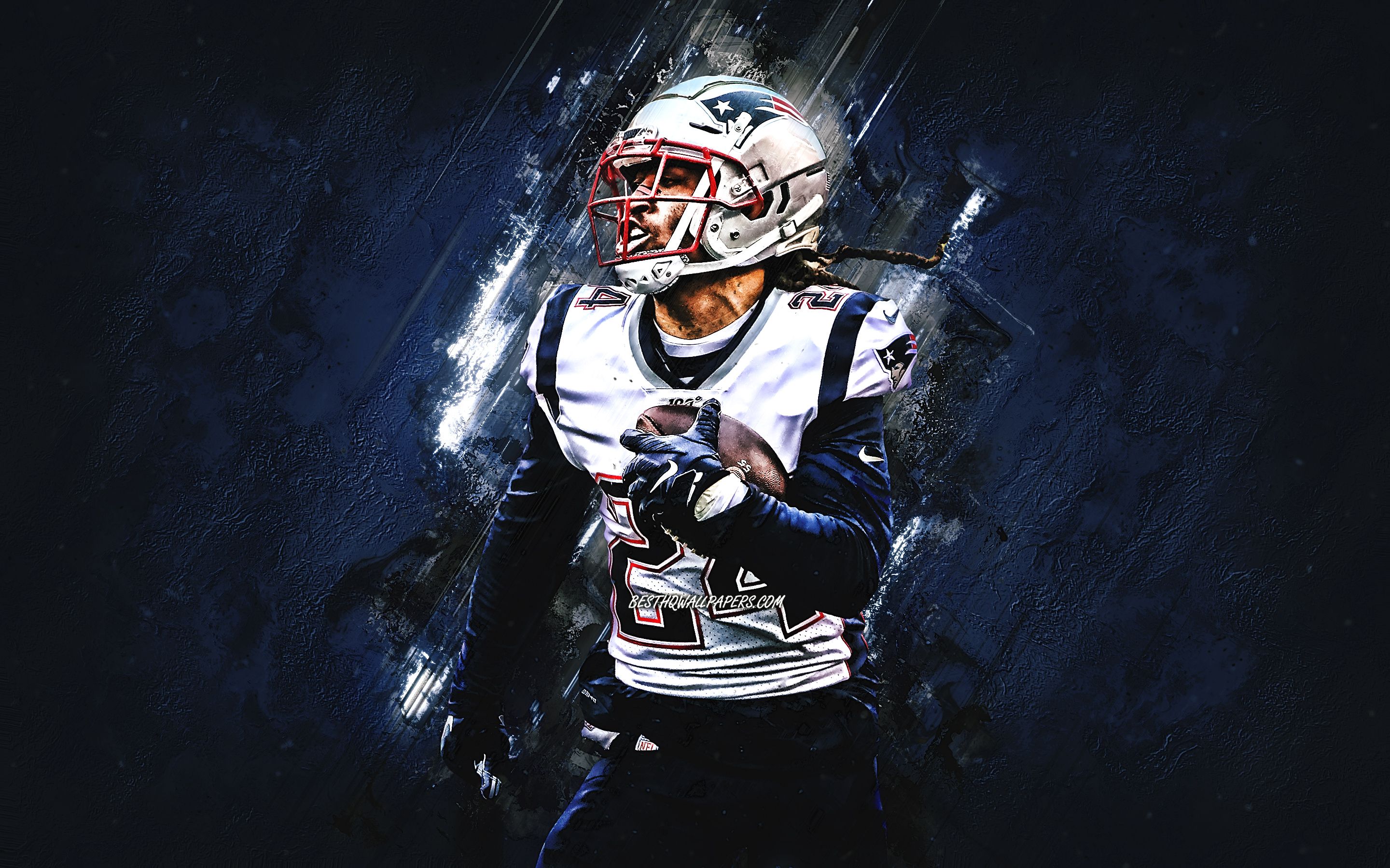 Download wallpaper Stephon Gilmore, New England Patriots, NFL, american football, portrait, blue stone background, National Football League, USA for desktop with resolution 2880x1800. High Quality HD picture wallpaper