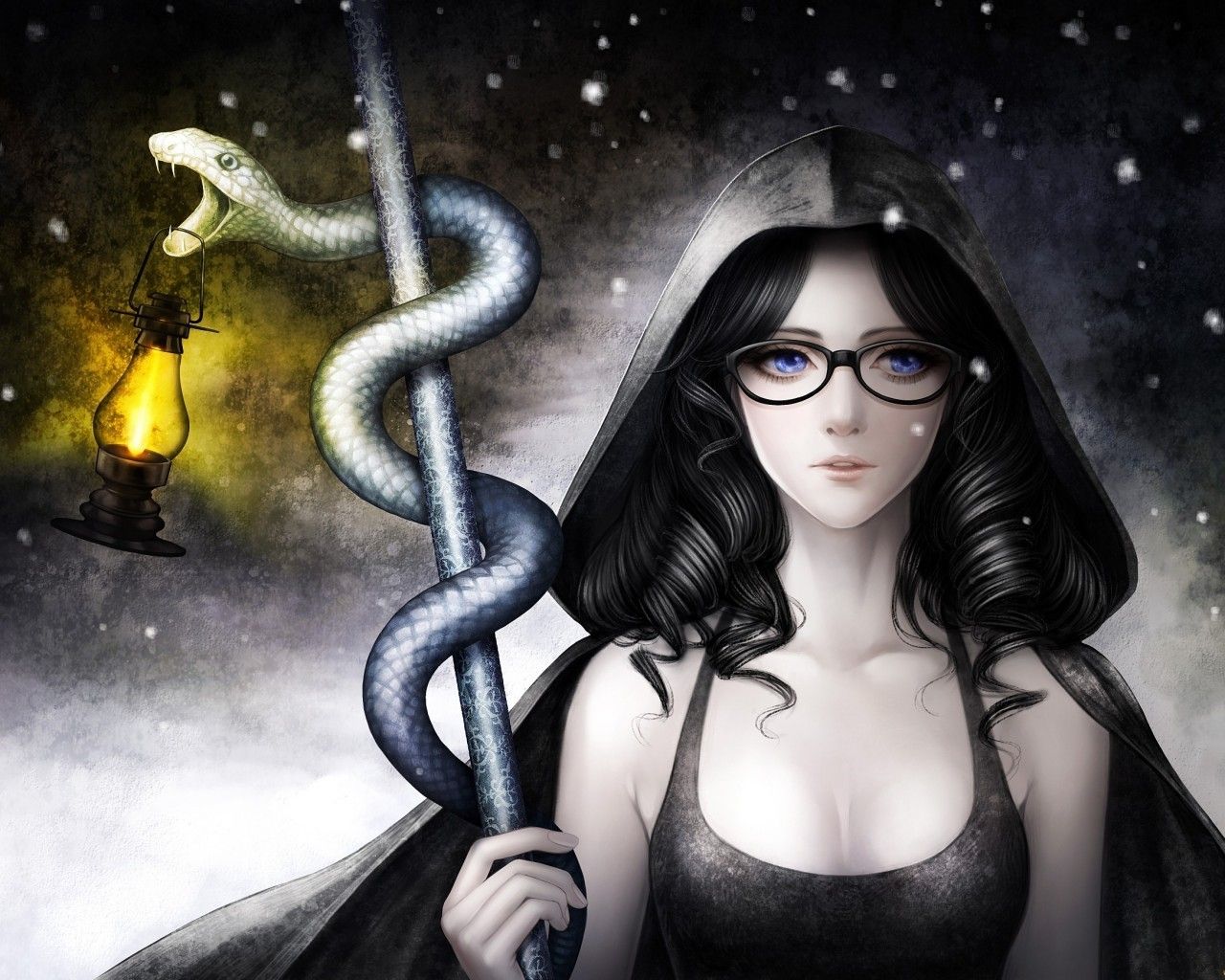 Download 1280x1024 Anime Girl, Glasses, Hoodie, Snake, Lamp Wallpaper